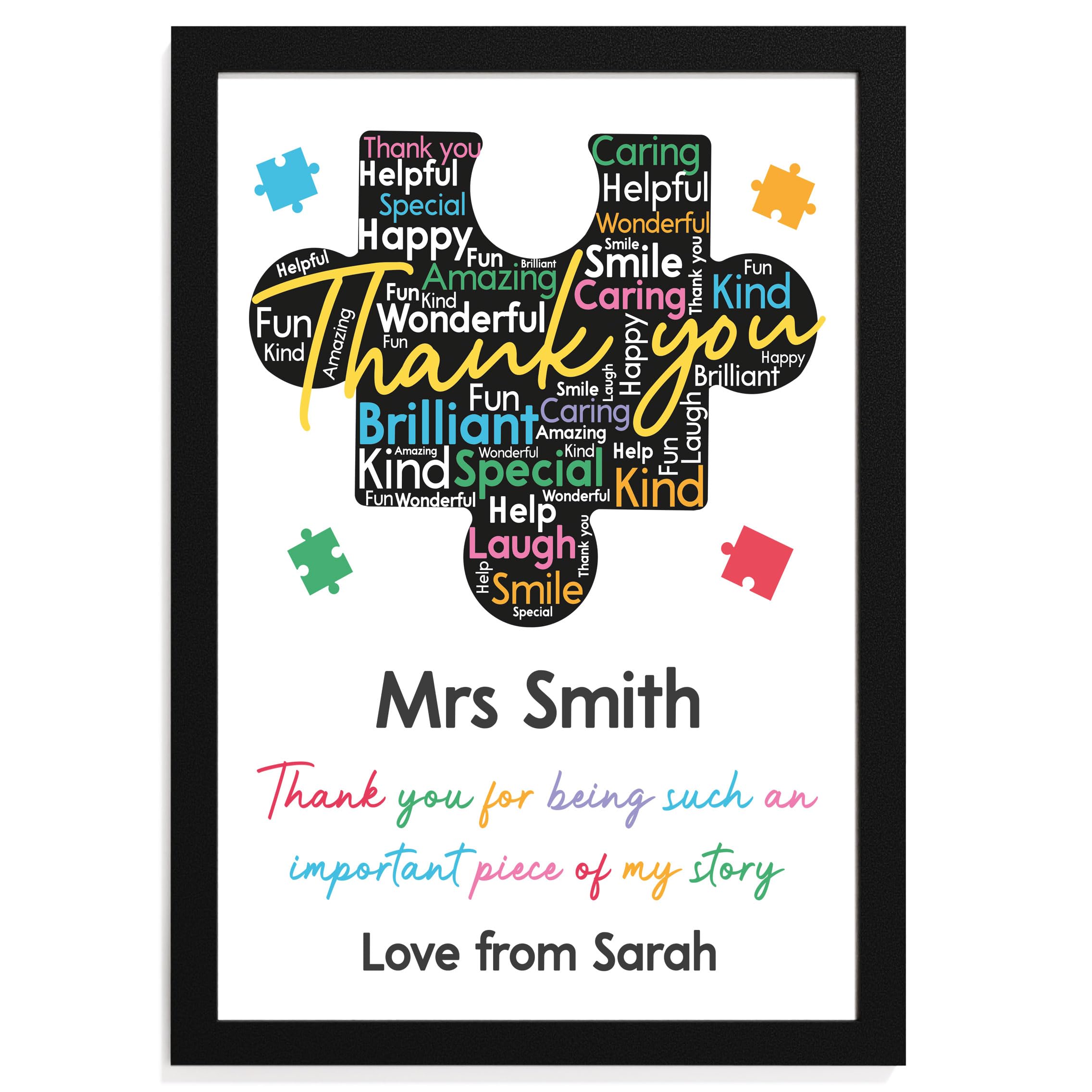 Beecreative Personalised Autism Teacher Gifts - A5, A4 Print with Wooden Frame - Puzzle Piece Thank You Gift