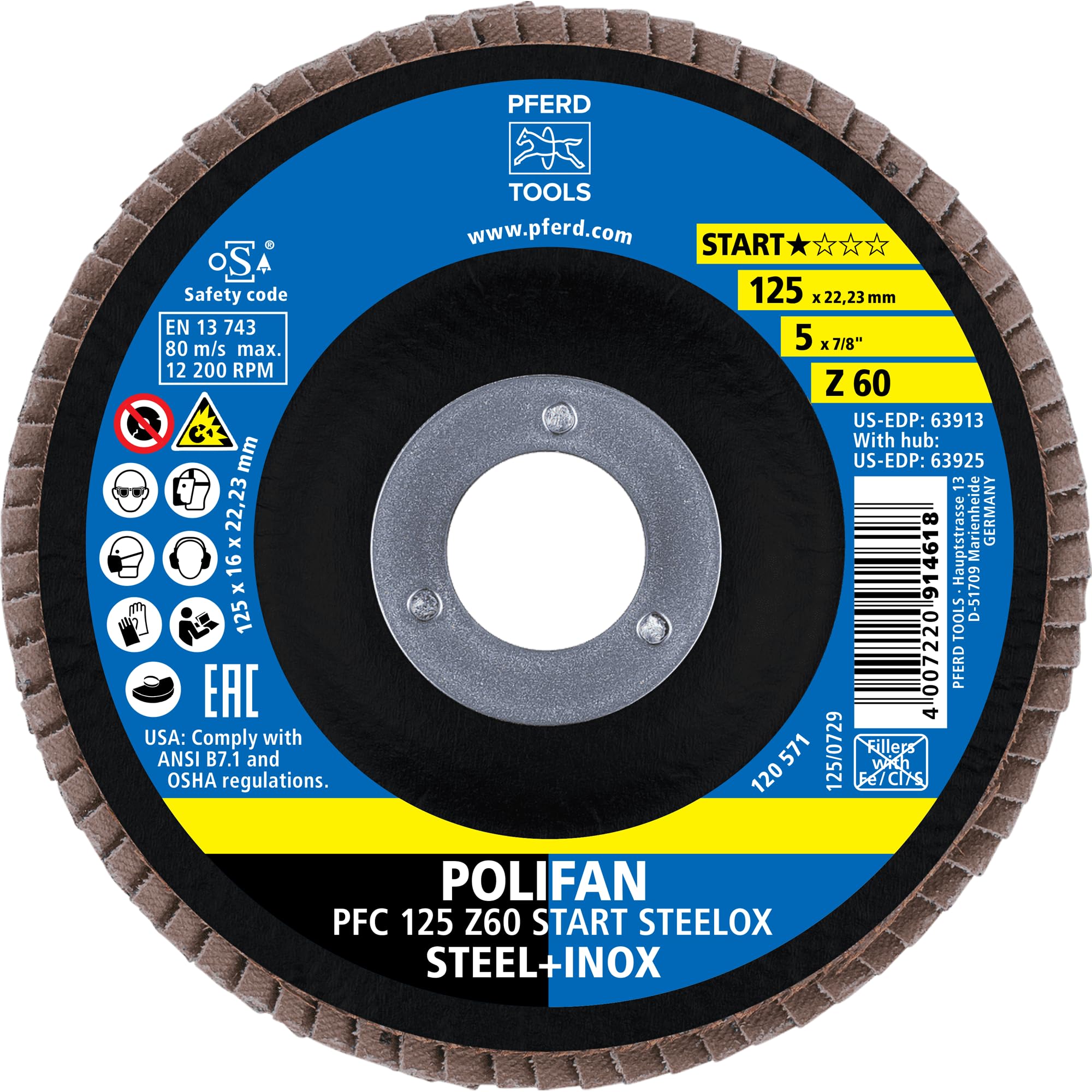 PFERD TOOLS POLIFAN Z BOX – 10 disques à lamelles 125 mm, Z60, alésage de 22,23 mm, 69300935 – rendement et durabilité élevés sur l’acier/l’acier inoxydable (INOX)