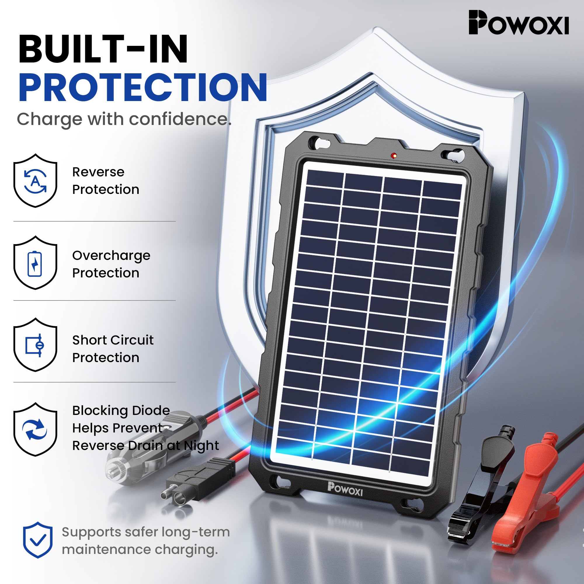 POWOXI Chargeur de Batterie Solaire 7,5 W amélioré - Kit de Charge Portable étanche pour Voiture, Moto, Bateau, Bateau, Camping-Car, remorque, Sports motorisés, motoneige, etc.