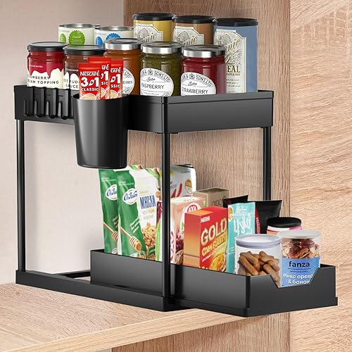 Miniatura 3 de Organizadores y almacenamiento para debajo del fregadero, organizador de armario de baño deslizante de 2 niveles con ganchos y taza, estante de