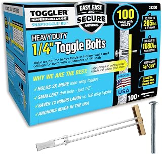 TOGGLER SNAPTOGGLE Drywall Anchors 100-Pack 1/4-20 Toggle Bolts - Holds 265 lbs Each in 1/2in Drywall, Easy Install for TV Mounts & Cabinets