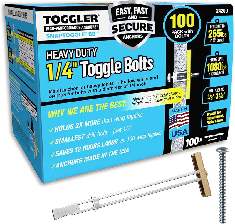 Anclajes para paneles de yeso SNAPTOGGLE con pernos de 1/4-20 x 2,5 pulgadas, paquete de 100 | Anclajes para paneles de yeso de alta resistencia con pernos de 1/4-20 x 2,5 pulgadas para montaje en paredes huecas