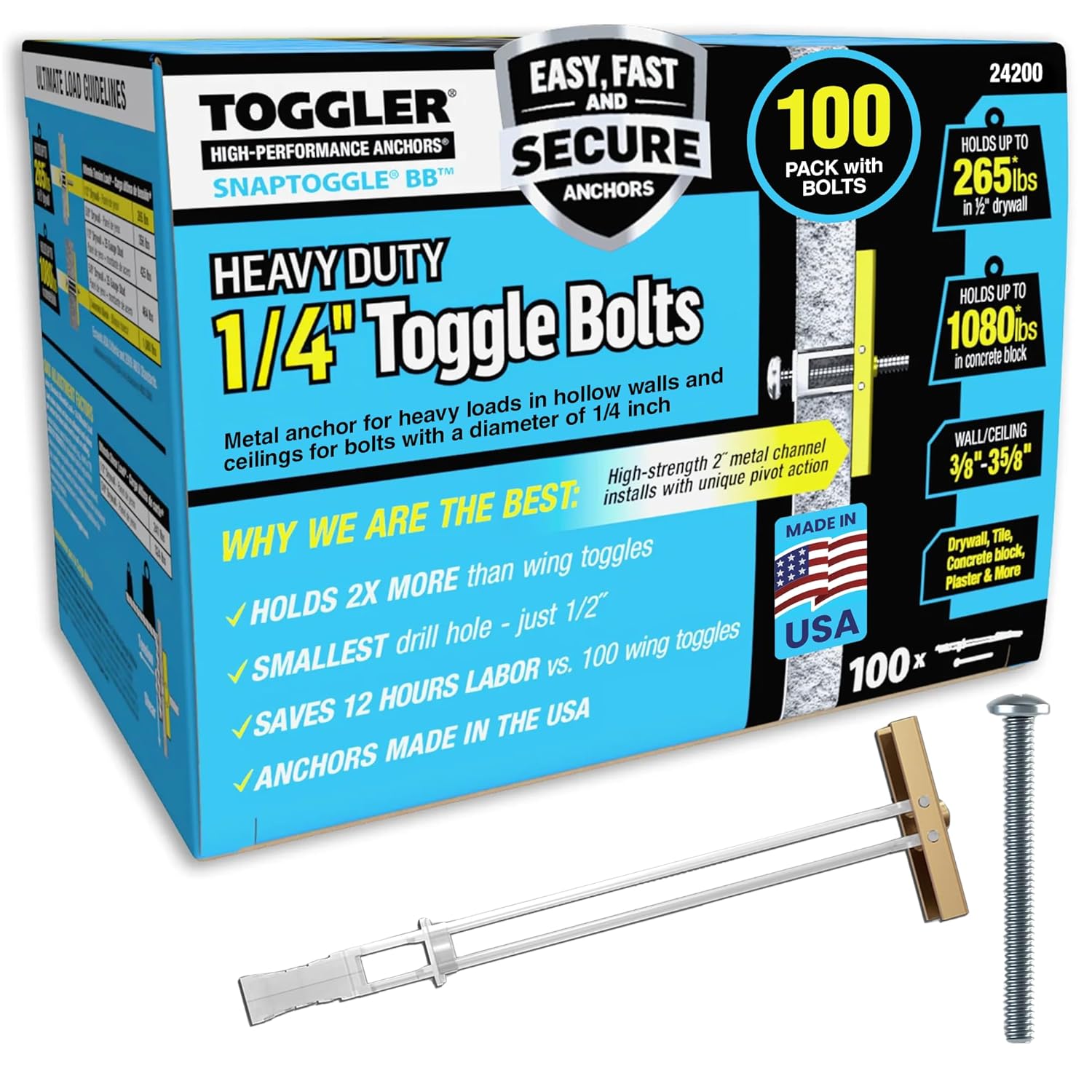 TOGGLER SNAPTOGGLE Drywall Anchors 100-Pack 1/4-20 Toggle Bolts - Holds 265 lbs Each in 1/2in Drywall, Easy Install for TV Mounts & Cabinets