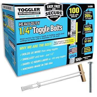 TOGGLER SNAPTOGGLE Drywall Anchors with 1/4-20 x 2.5 in Bolts, 100 Pack