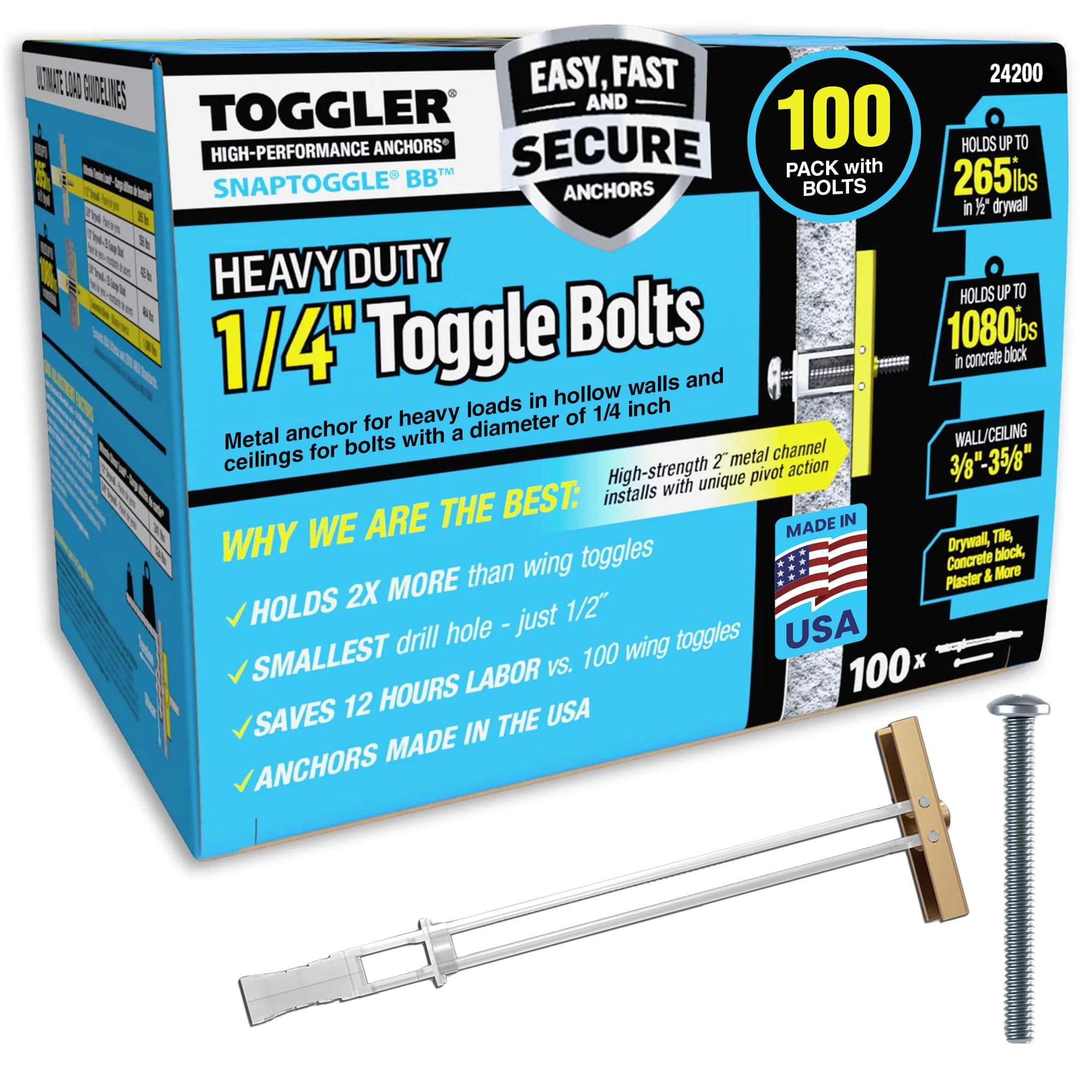 TOGGLER 24200 0.25" x 2.5" Yellow Zinc Toggle Bolt, 100 / PK