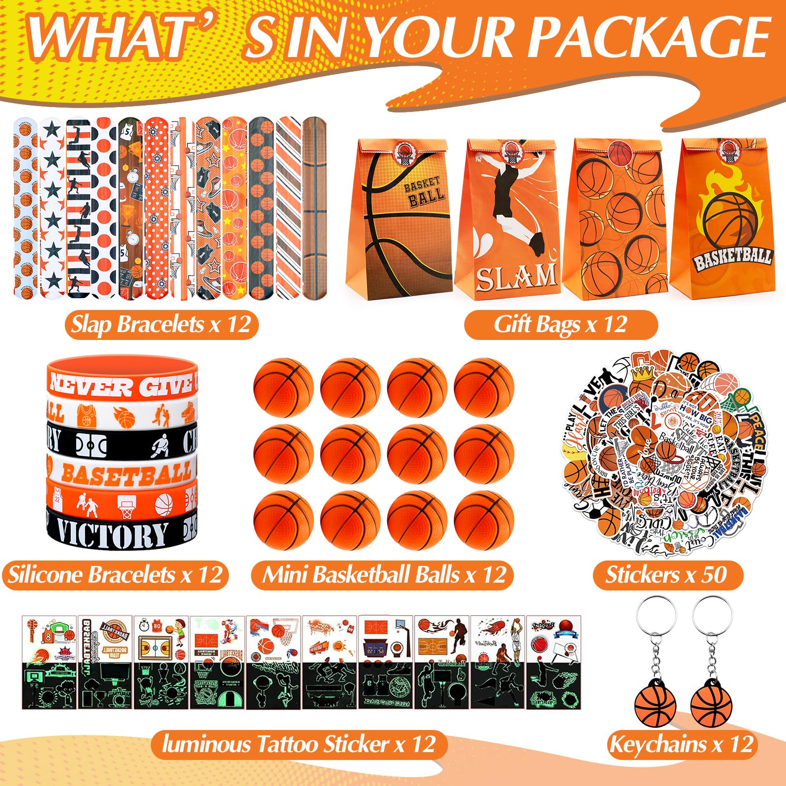 110 Pcs Basketball Party Favors Kit - Includes Bracelets, Tattoos, Keychains & Bags For Kids Birthday Supplies - View #7