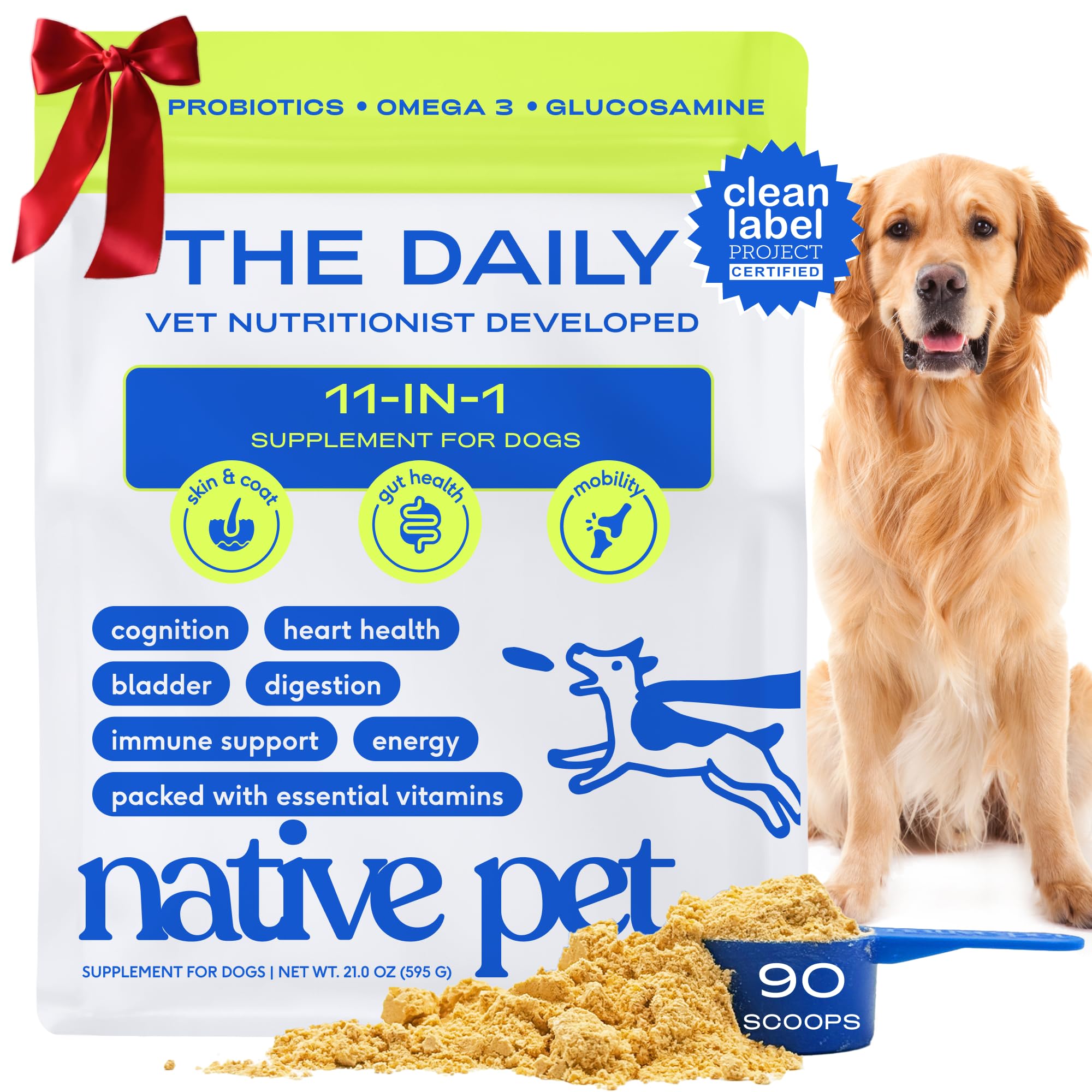 Native Pet Dog Vitamins & Supplements - 11-in-1 Vitamin Powder for Dog Food Topper - Collagen, Glucosamine, Probiotics, Omega & More- Supports Healthy Gut, Mobility & Overall Health - 90 Scoops