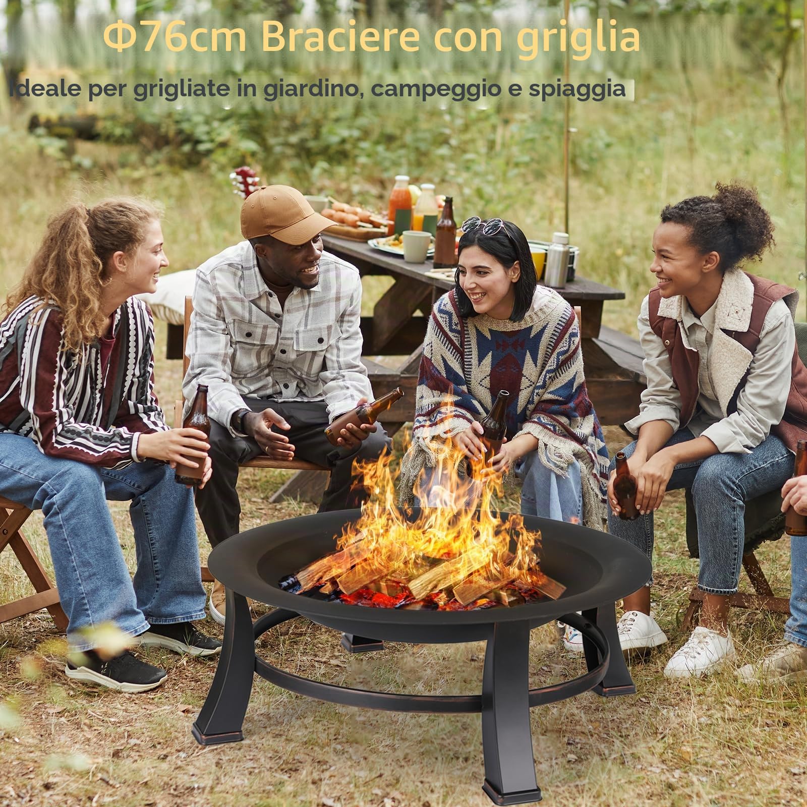 Bracieri da Giardino, Ø 76 cm Braciere con Griglia, Braciere con Parascintille y Copertura Impermeabile 600D, Braciere da Esterno, Braciere Barbecue, Grande Bracere Multifunzionale, Fire Pit, Nero