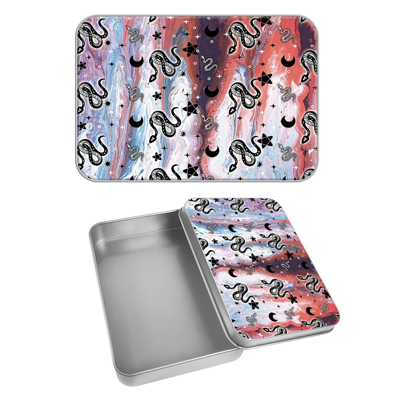 Rectangular Metal Tin Box with Removable Lid, Gothic Snake Moon Star Decorative Printed Metal Storage Container for Cards, Diaries, Home Organization 4.53 x 3.35 x 0.86 inch– Single Pack