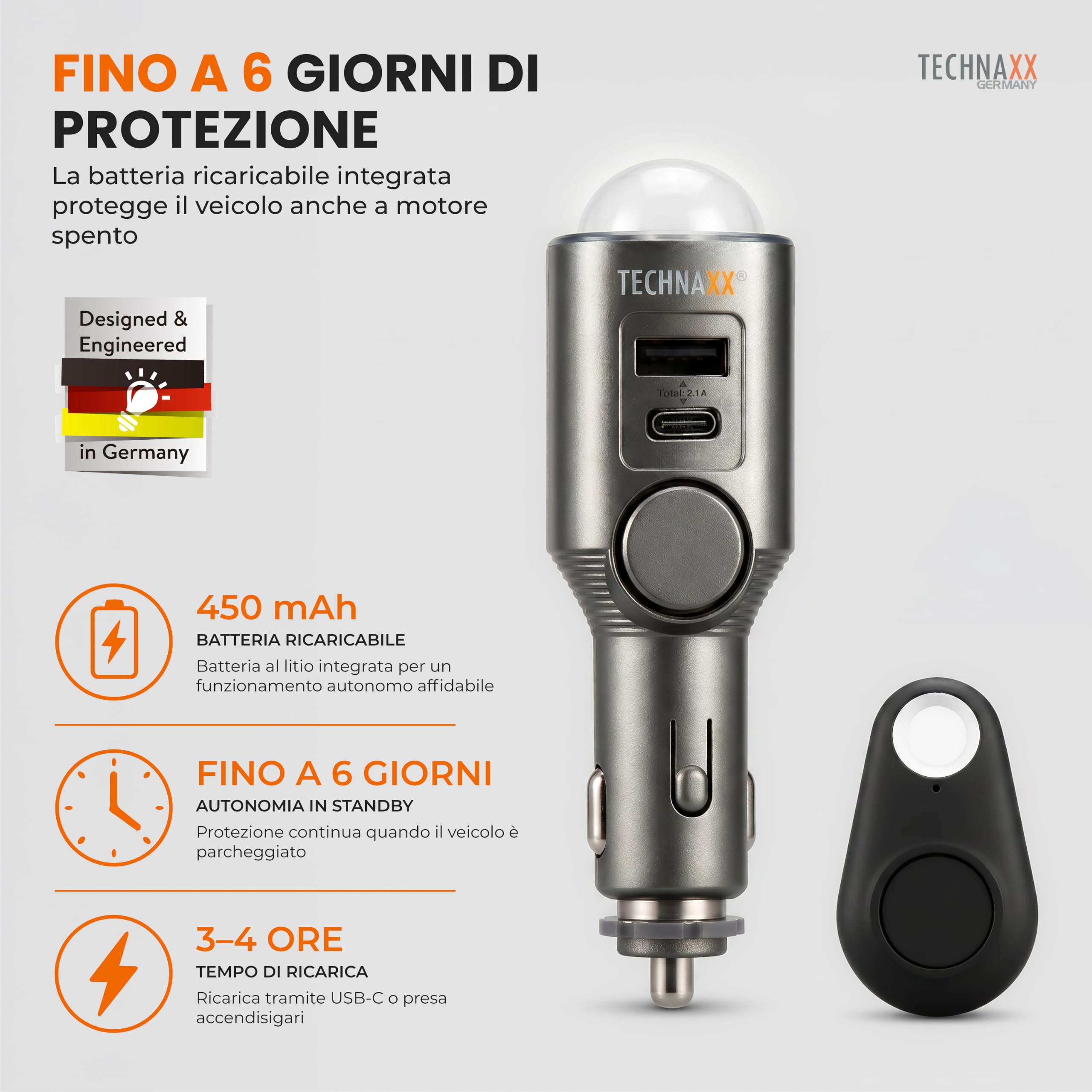 Technaxx Allarme auto con sensore di movimento PIR – Allarme plug-in 12–24V con sirena 110dB, batteria 6 giorni, porte USB-A & USB-C, display LED e telecomando - 2026 Update Model - TX-100