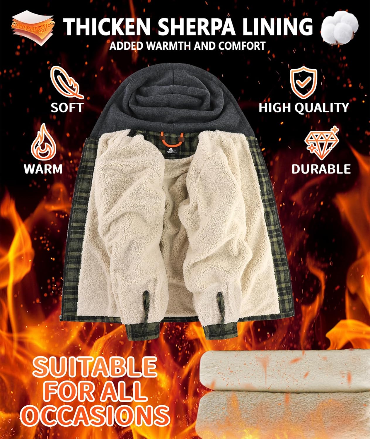 Men's Flannel Jacket Vintage Plaid Zip Up Sherpa Lined Fleece Coat Warm Winter Work Jackets with Hood - Image 4