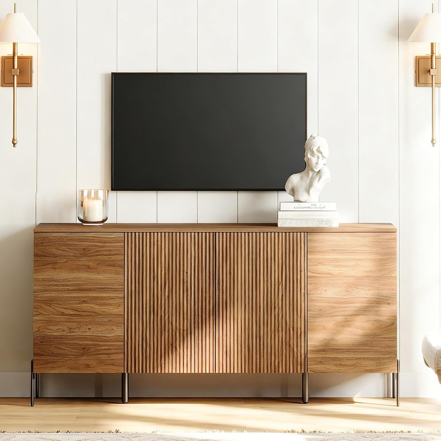 WAMPAT 61.6" TV Stand Cabinets for TVs up to 70 Inches, Entertainment Center with Storage Cabinets and 4 Doors, Mid Century Modern Media TV Console Table for Living Room Bedroom, Brown