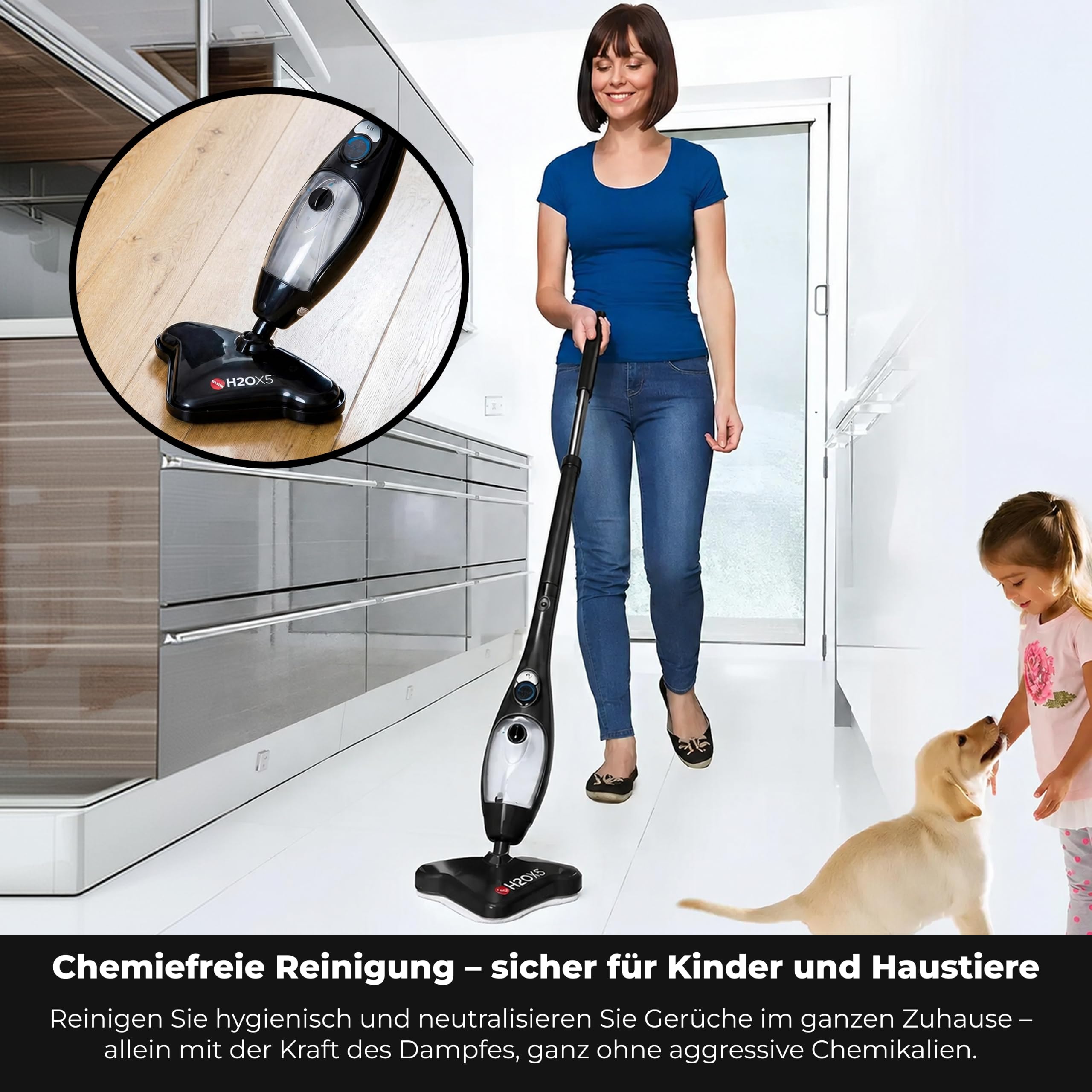 H2O X5® Dampfbesen & Handdampfreiniger – Hygienische Reinigung ohne Chemie – 12-tlg. Zubehör – 1300W (Schwarz)
