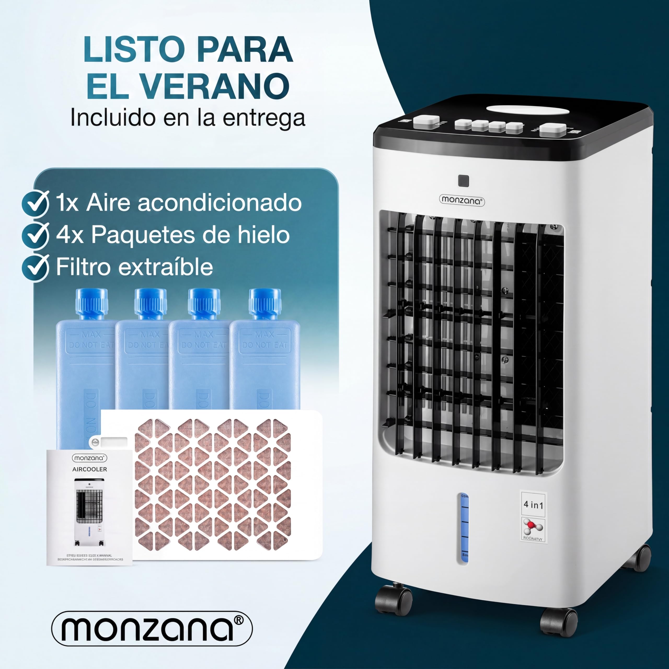 MONZANA® Enfriador de Aire 4en1 3 Velocidades Climatizador Ventilador Ionizador Portátil Oscilación Bajo Consumo