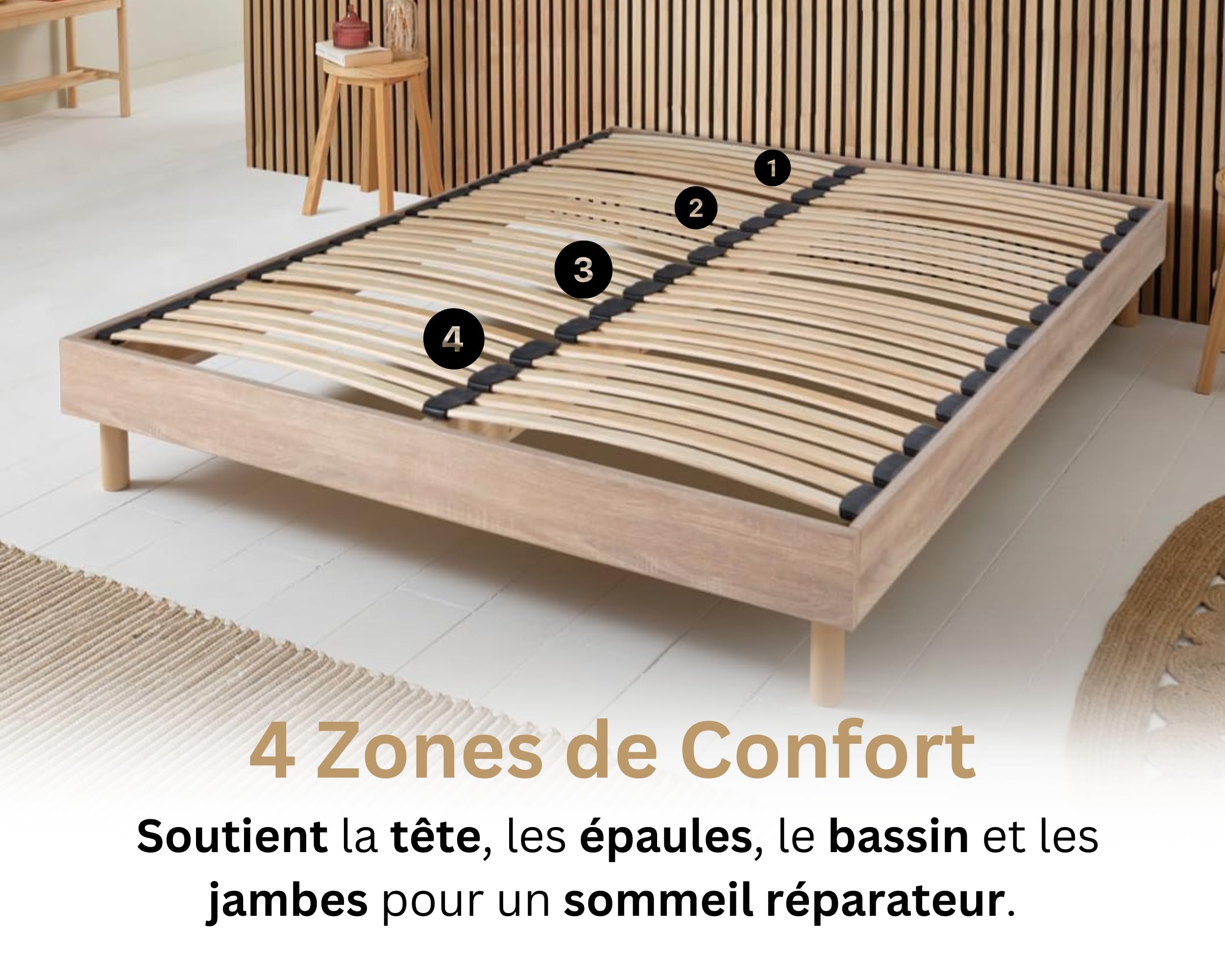 Maison Aubertin Sommier 160x200 cm Bois, à Latte, 2 Personnes, Technologie Bi-Lattes avec 4 Zones de Confort, Structure Bois Massif Solide avec Pieds Inclus, Lit Ergonomique, Montage Facile