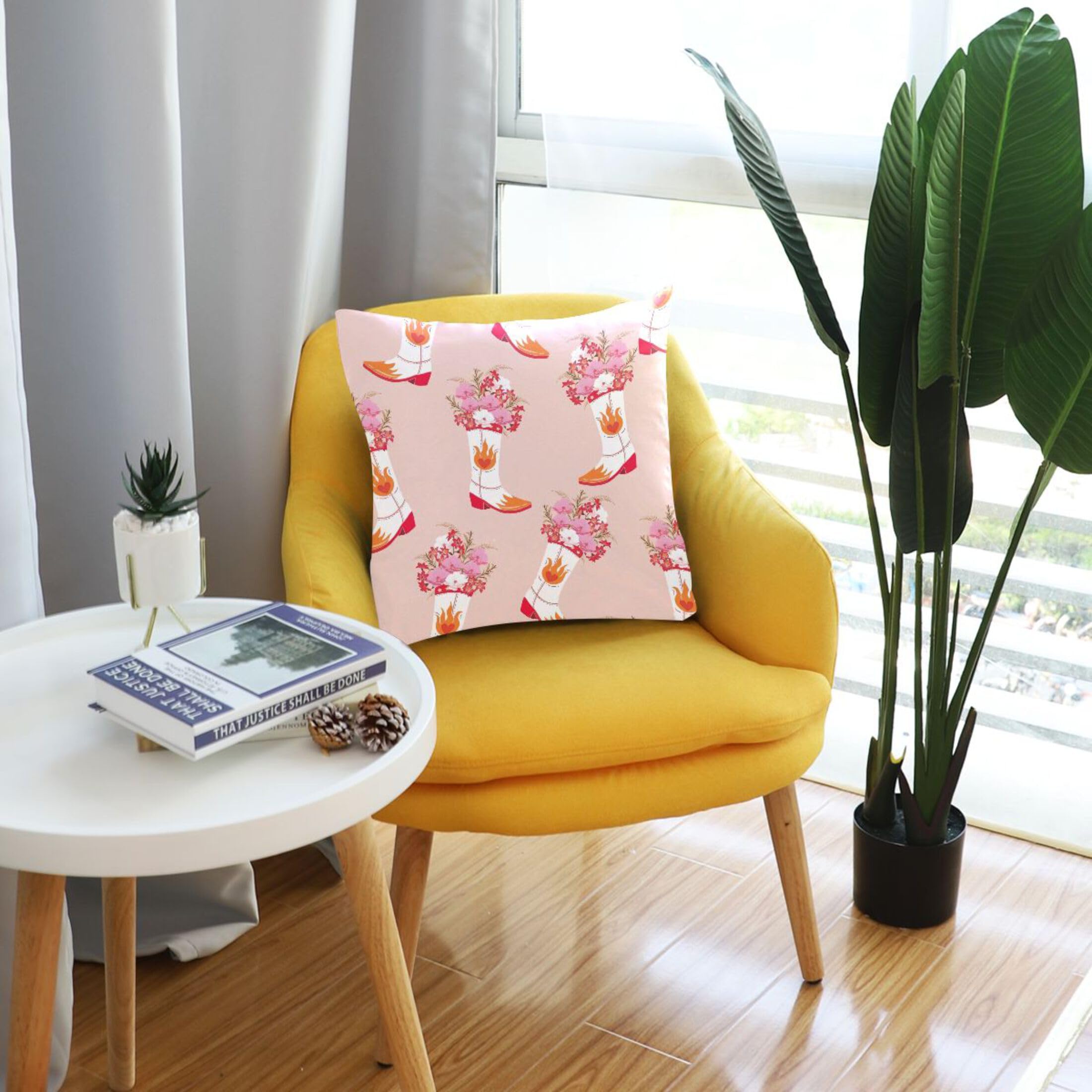 Federa Cuscino 45x45 Cm Western Rosa Con Stivali Da Cowgirl - Flanella Morbida Per Divano E Letto