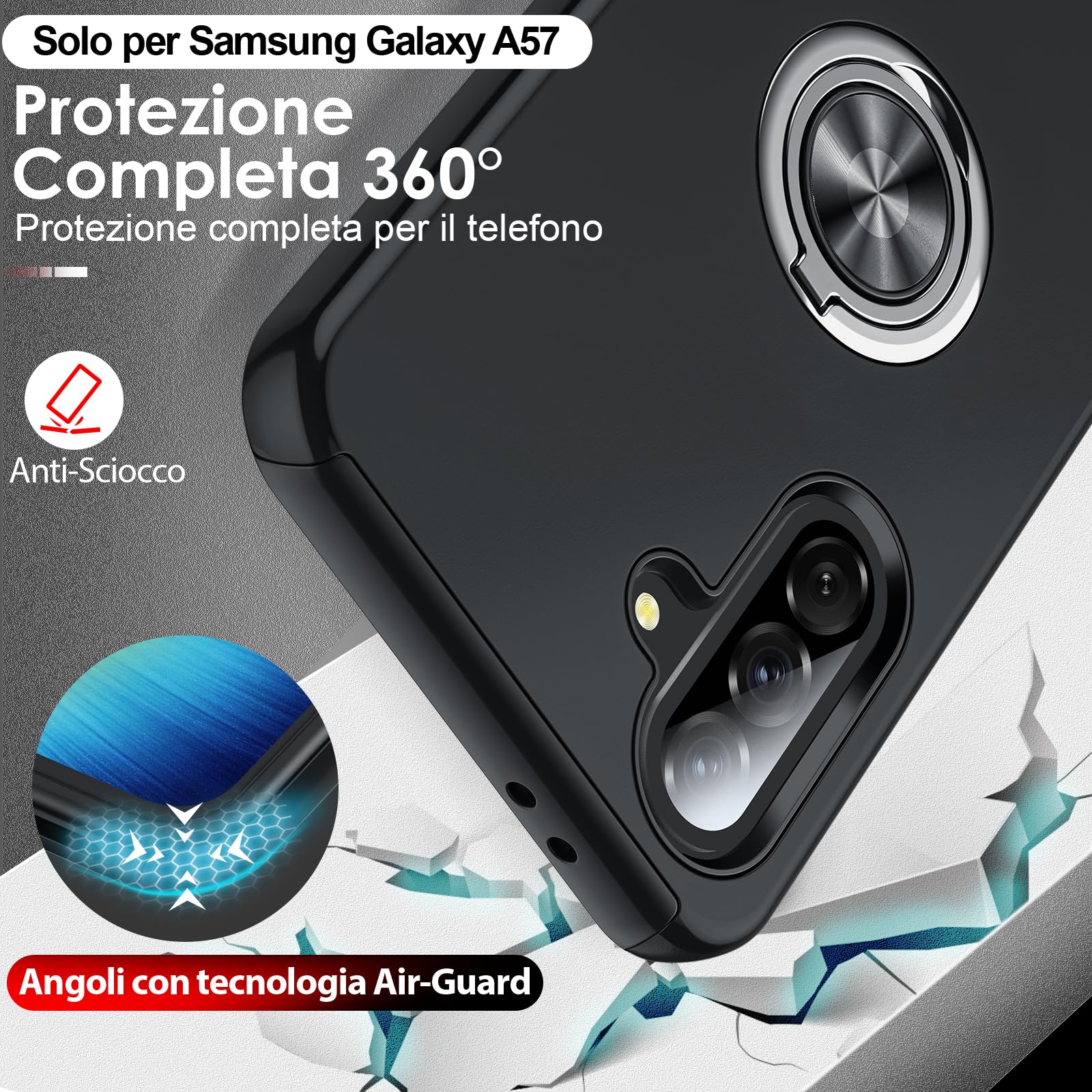 LeYi Cover per Samsung A57/A 57 con 2 Vetri Temperati - Custodia TPU+PC con Anello Girevole 360°, Protezione Militare Antiscivolo per Galaxy A57/A 57, Nero