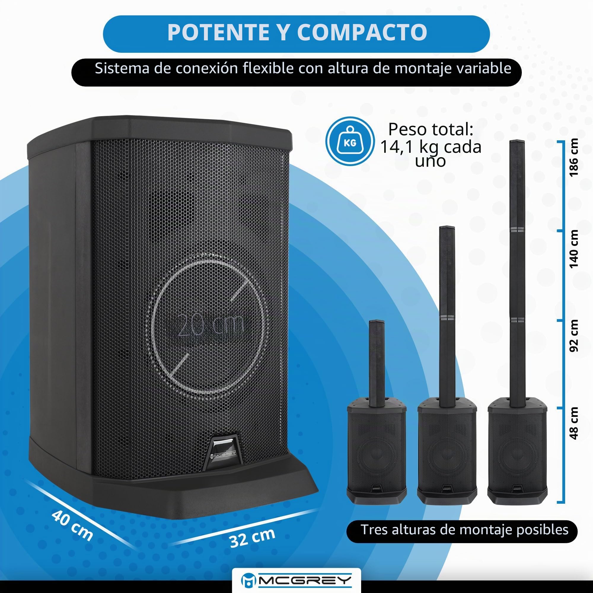 McGrey E-208LA Altavoces de Columna Activa Line Array - Slim Line Sistema PA - 100 vatios - Subwoofer de 8" - 4 Altavoces Full Range de 2,5" - Reproductor Multimedia USB/SD/Bluetooth - Negro