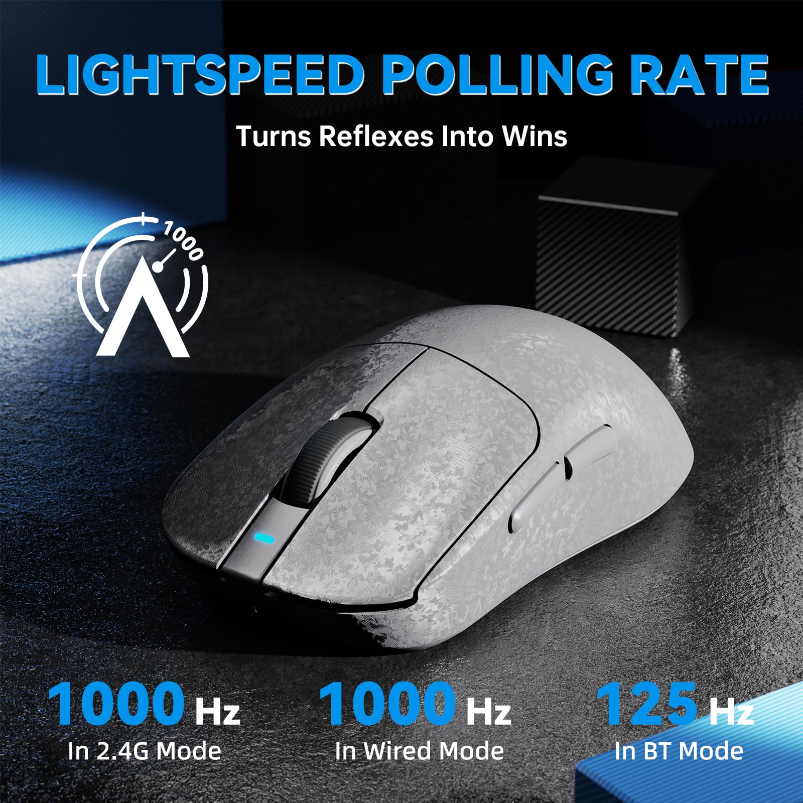 A.JAZZ AJ199 Mouse da Gioco in Fibra Carbonio, Wireless 2.4G/BT/USB Cablato Tri-mode, Ultraleggero 55g, Sensore Ottico PixArt PAW3311 con 24K DPI e Polling 1K, Mice da Gamer per ufficio - Bianco