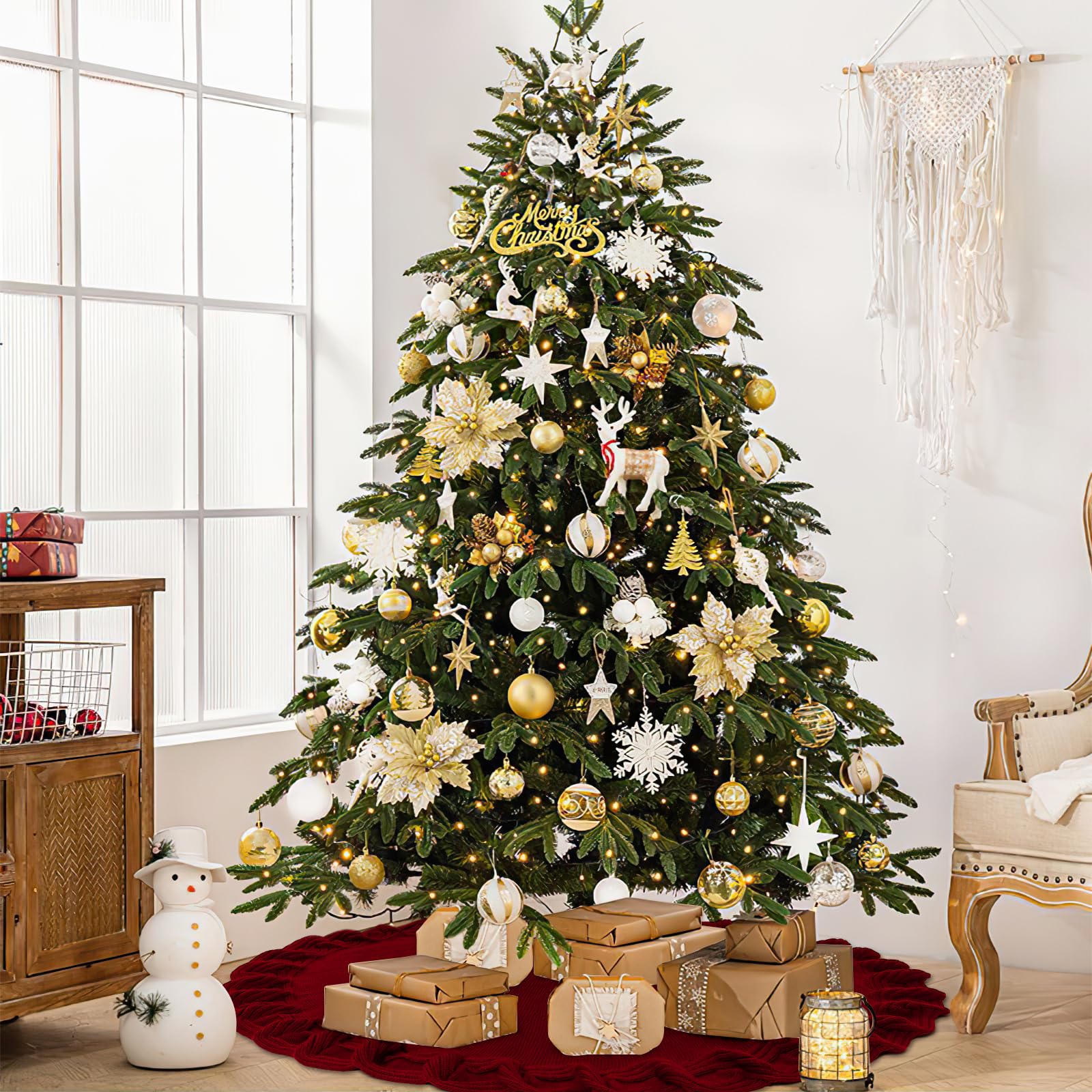 Jupe De Sapin De Noël Tricotée - Diamètre 71 Cm - Coton épais - Cache-pied Décoratif - Avec Pinces En Bois - Rouge