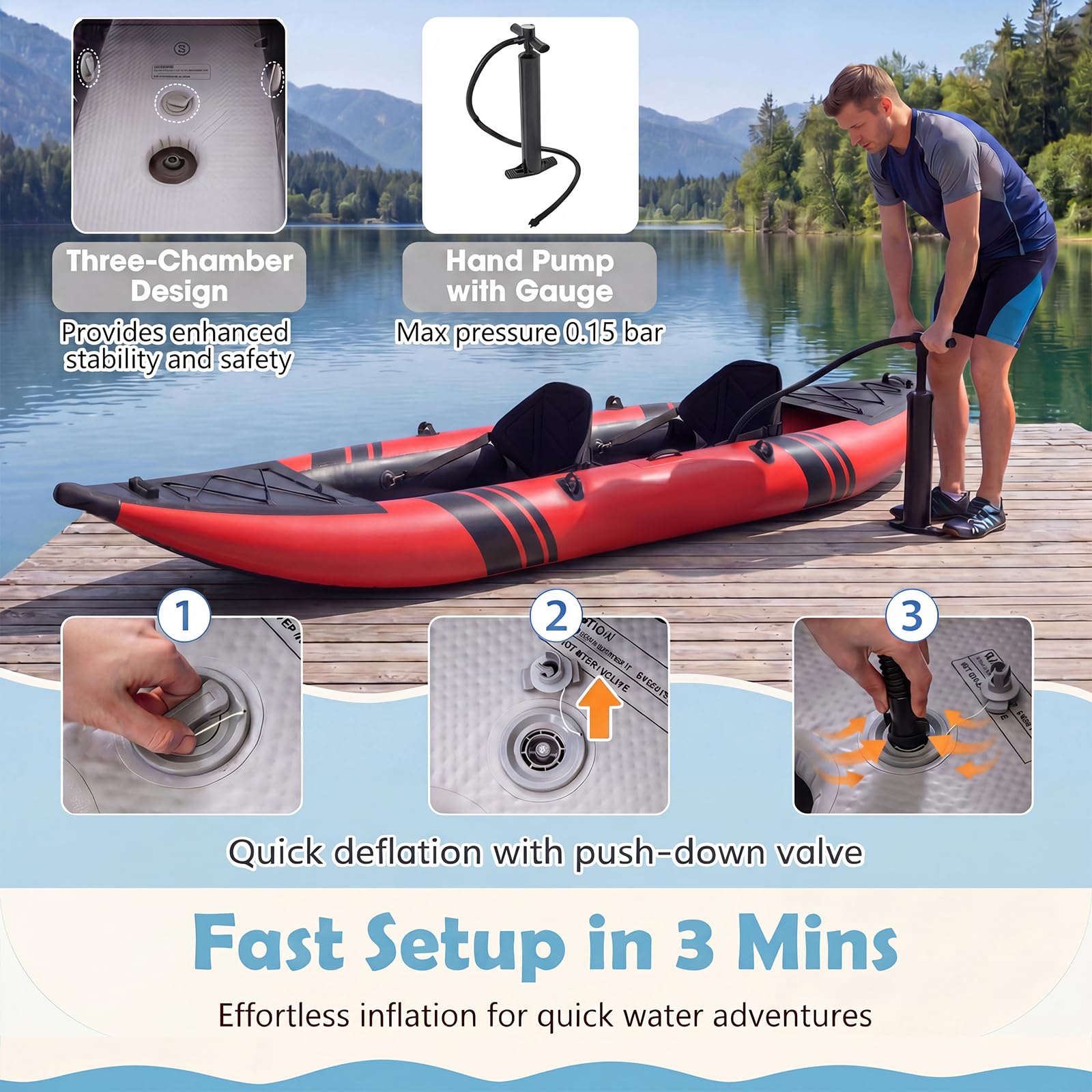 GYMAX Kayak Inflable, Kayak tándem de 12.5 pies y 230 kg con 2 paletas de Aluminio, 2 Asientos Acolchados, reposapiés, 2 Aletas, Bomba de Mano, Bolsa de Transporte y Kit de reparación, Kayak de Pesca