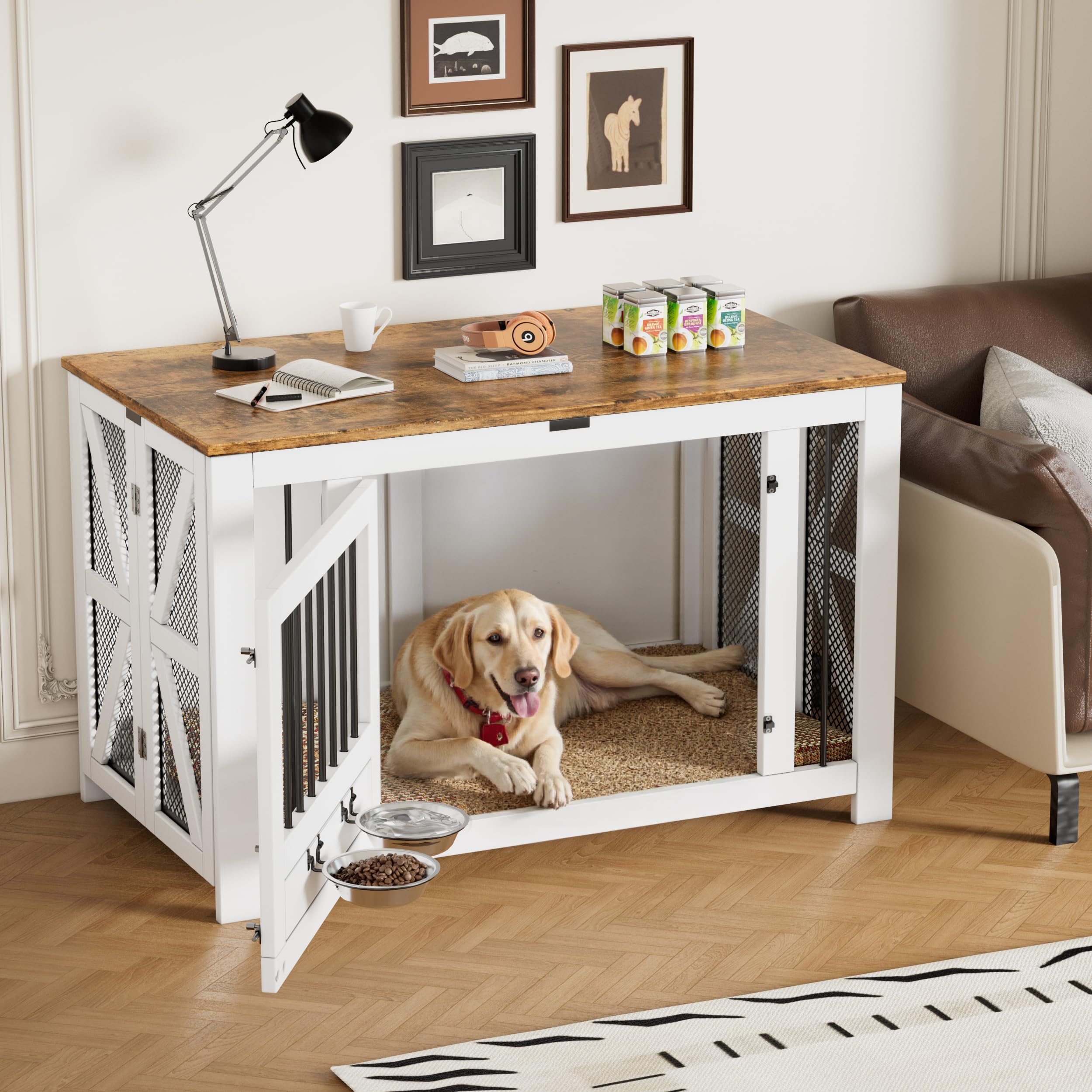Mueble jaula grande para perros de 41,3", plegable, caseta de madera para perros (15,9-27,2 kg) con 2 cuencos, mesa auxiliar interior estilo granja