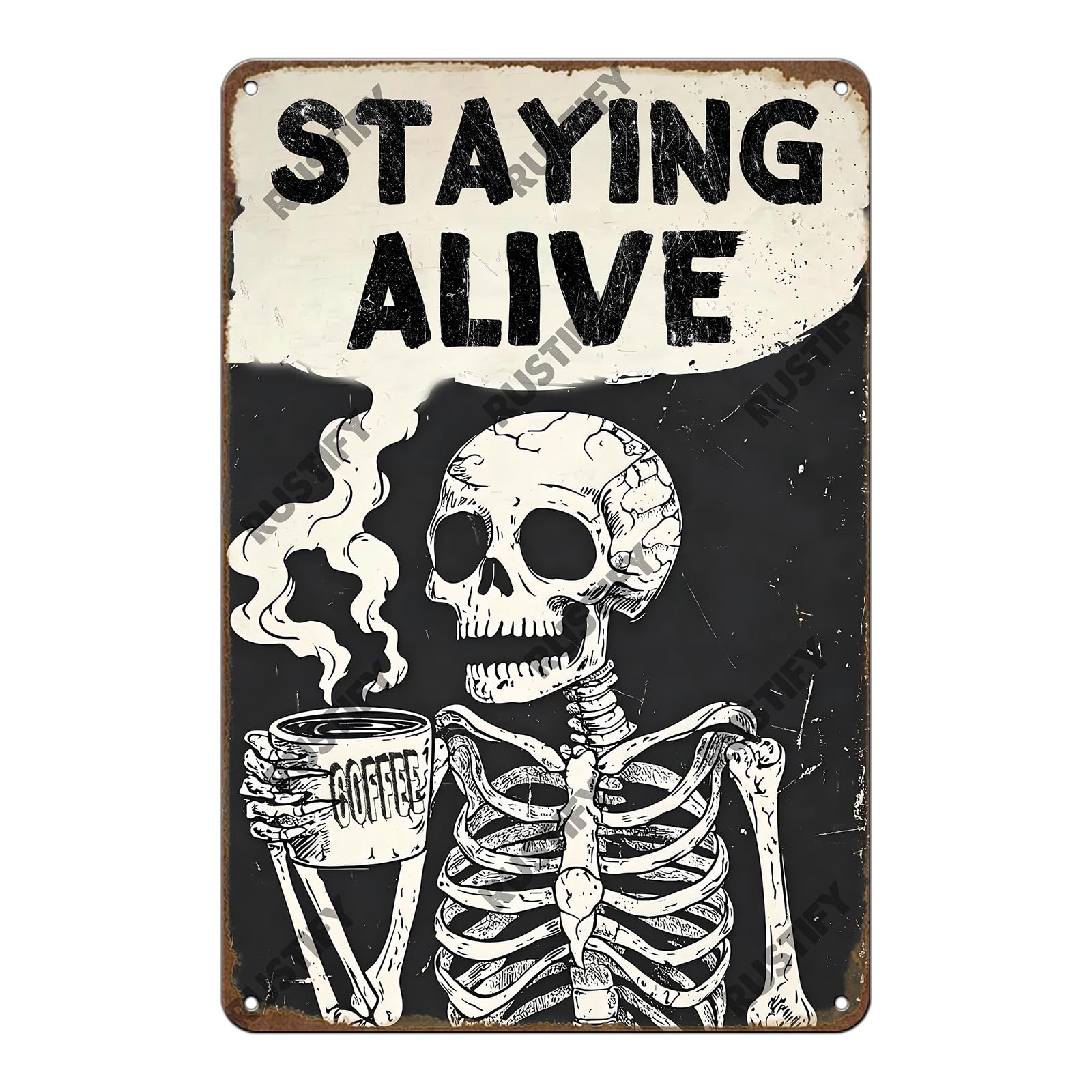 Anceky Staying Alive skull Sign Funny Metal Tin Sign Wall Decor for Home Kitchen Garden Yard Office 12×16 Inch