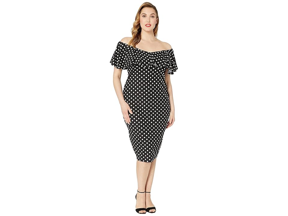

Unique Vintage Plus Size Ruffle Sophia Wiggle Dress (Black/White Polka Dot) Women's Dress