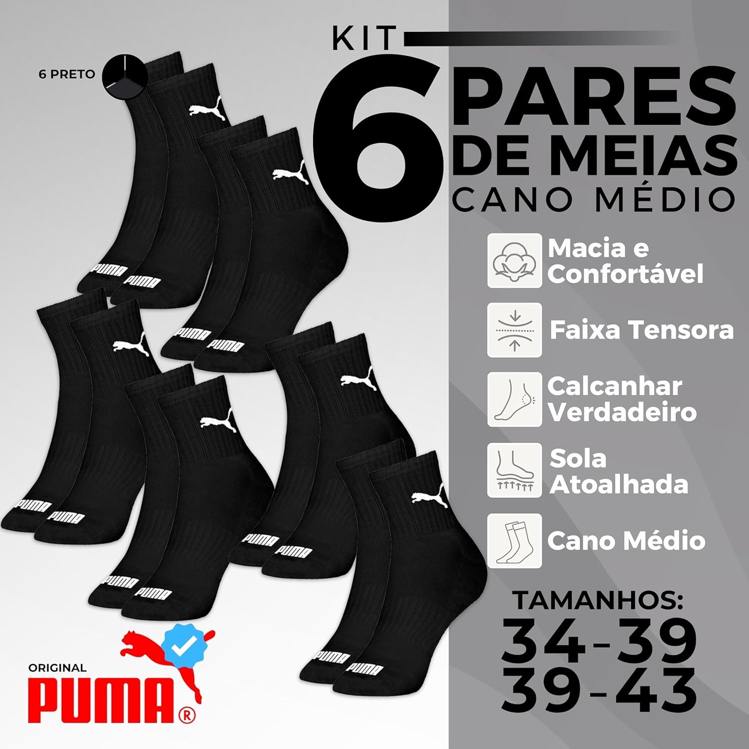 Kit 06 Pares Meia Puma Cano Médio Esportiva Everyday Algodão Adulto Unissex em promoção! Veja a oferta e mais achadinhos de Moda íntima 2 Hoje é o melhor dia para comprar Kit 06 Pares Meia Puma Cano Médio Esportiva Everyday Algodão Adulto Unissex com aquele preço maroto! Promoção! Aproveite a oferta! 2