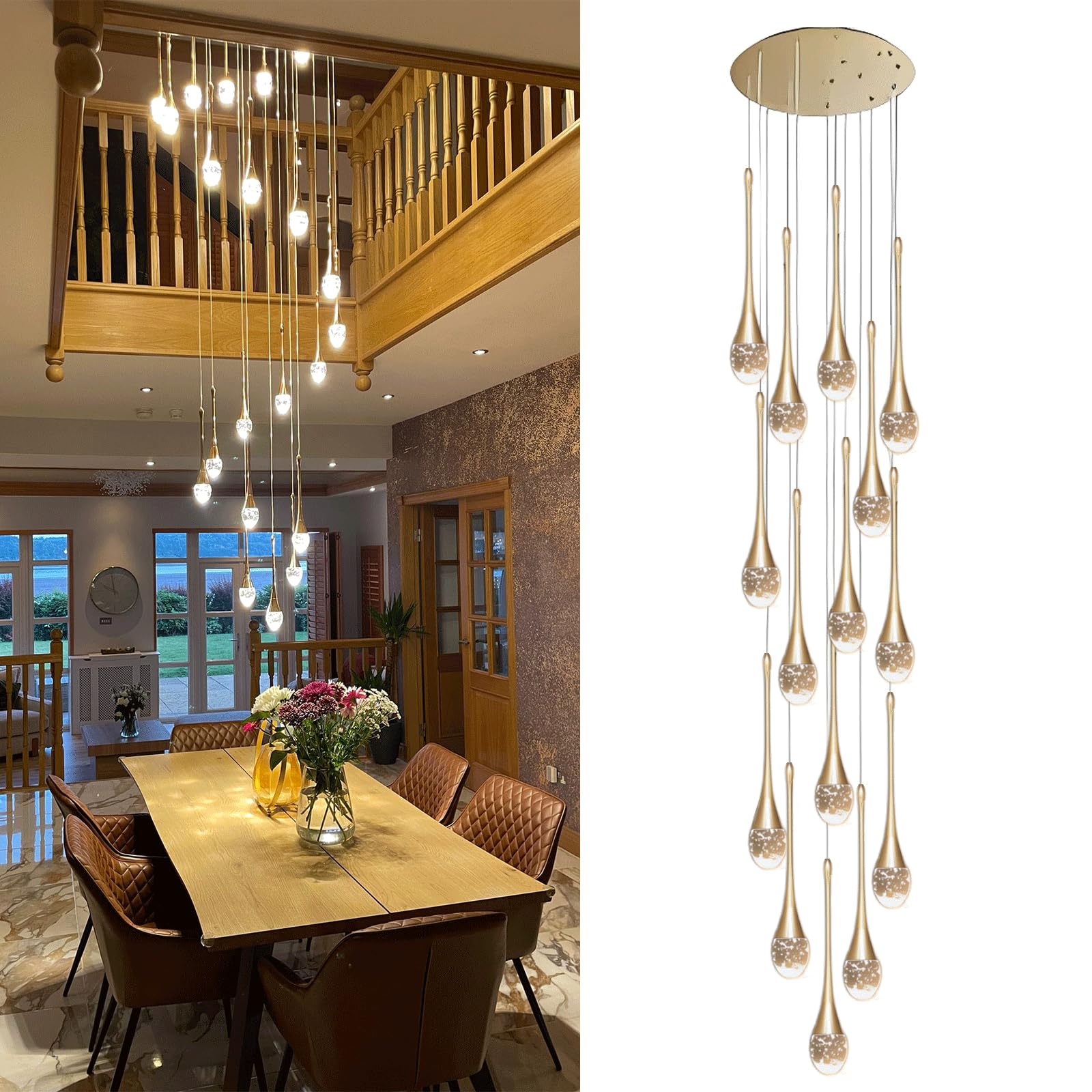 KXEcoLife Chandelier Crystal Ceiling Adjustable Length Chandeliers for Living Room Hotel Entryway Hallway Foyer Villa Duplex Staircase Long Pendant Lamp (15 lights)