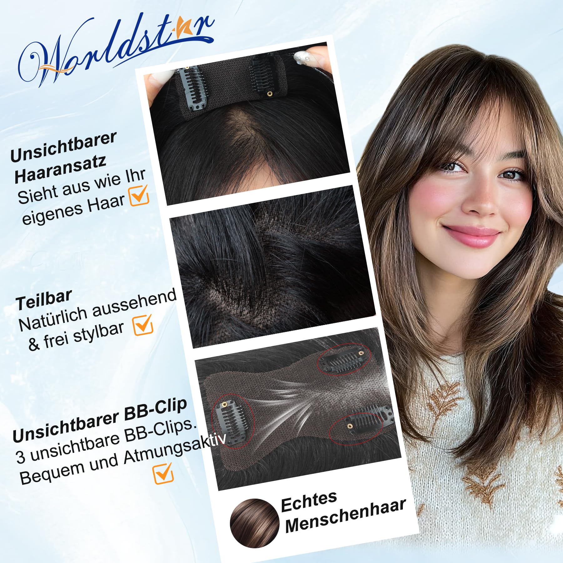WORLDSTAR Haar Toppers für Frauen aus echtem Menschenhaar,15g,Tiefschwarz