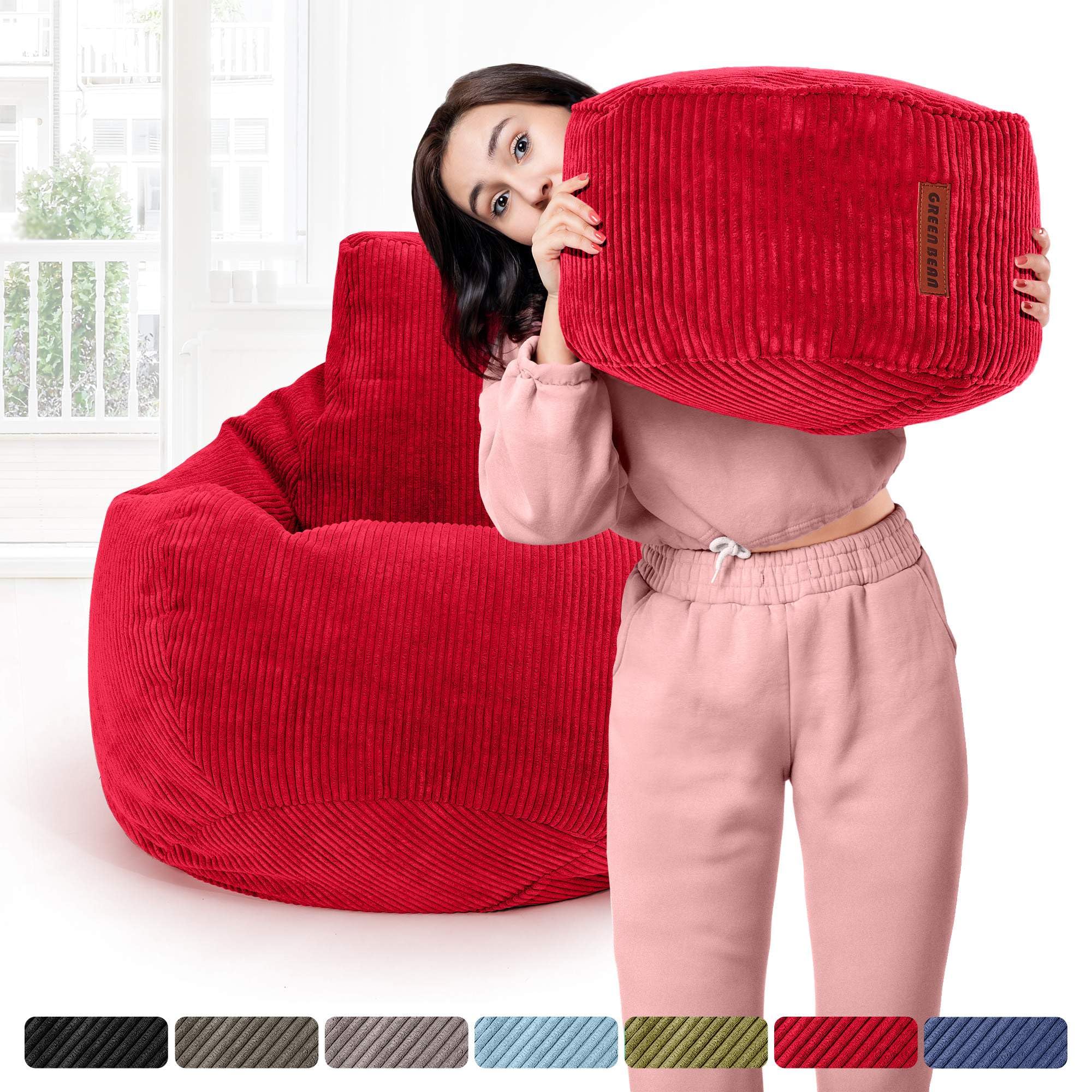Green Bean© Pouf avec Tabouret en Velours côtelé - Pouf pour Salon, Chambre à Coucher - Fauteuil pour Adulte - Rouge - Environ 230 l - Rembourrage : 90 x 80 x 80 cm et 45 x 25 cm