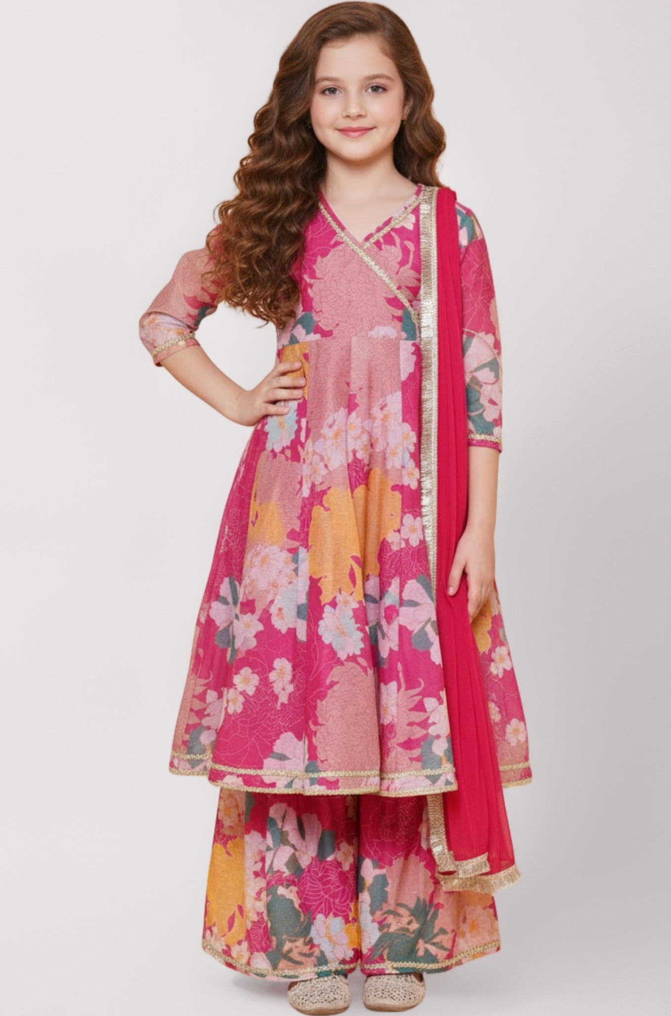 Naixa Girls Rayon Fabric Floral Printed 3/4 Sleeve Sharara Dress Set For All Occasion salwar suit