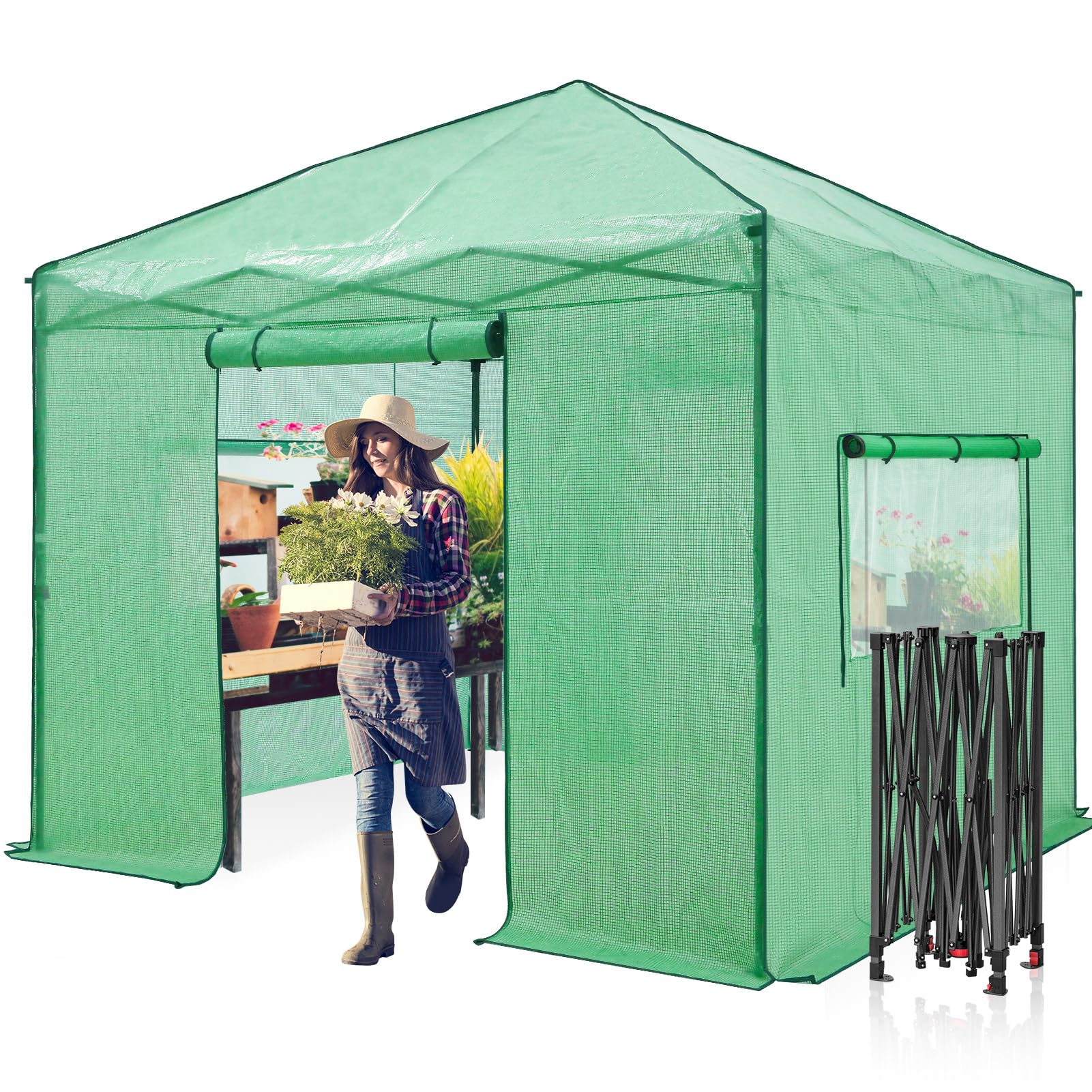 EAGLE PEAK 10x10 Easy Setup Pop Up Greenhouse, Clear/Green