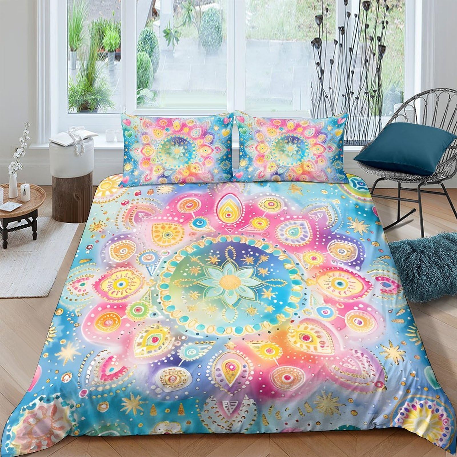 Ctjqhvkz Style-10 3D Printed Mandala Flower Fitted Sheet Microfiber Soft Pastel Rainbow Dream Mattress Cover For Bedroom Living Room Decor Single（135X200cm）