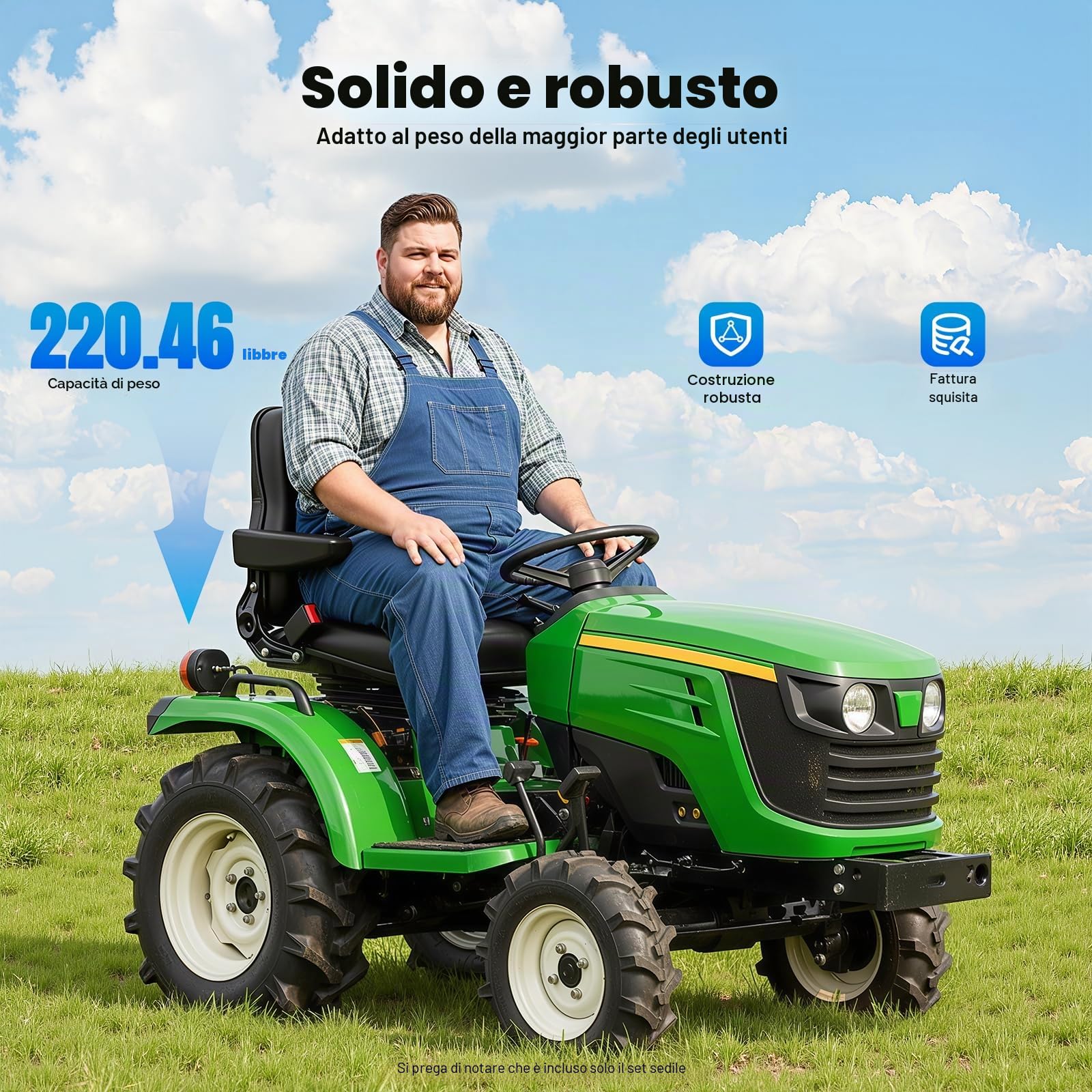 Sedile trattore universale con braccioli e cintura di sicurezza, schienale regolabile a 35 – 180°, portata 100 kg, per tosaerba, trattori, escavatori