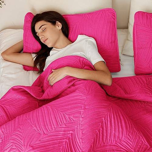 Miniatura 4 de Exclusivo Mezcla Juego de ropa de cama tamaño King, edredones ligeros de color rosa intenso para todas las estaciones, cubrecamas de microfibra