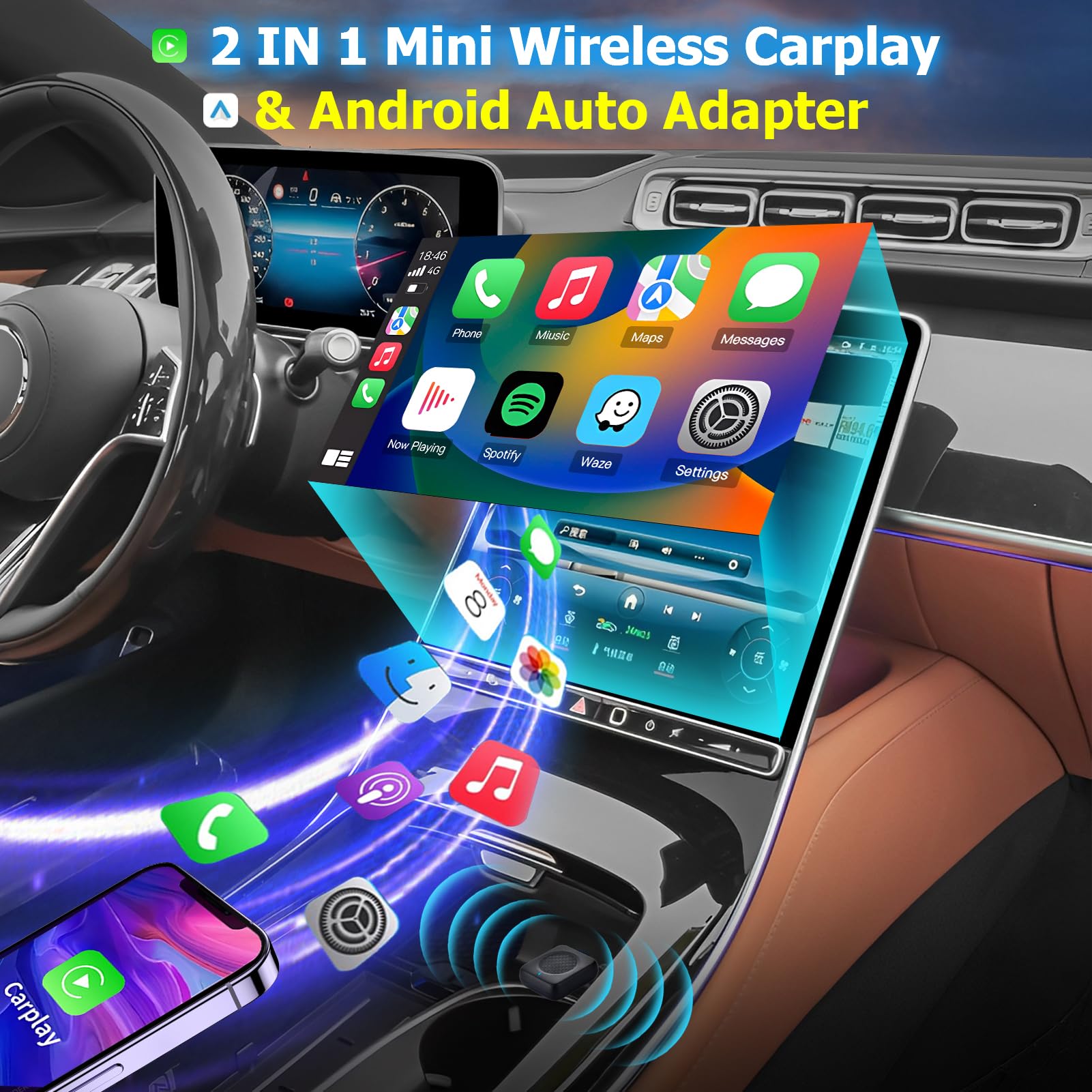 Bezprzewodowy adapter samochodowy CarPlay i Android – bezprzewodowy adapter USB do pojazdów z przewodowym CarPlay/Android Auto, Plug and Play, kompatybilny z systemami iOS od 10 i Android od 11