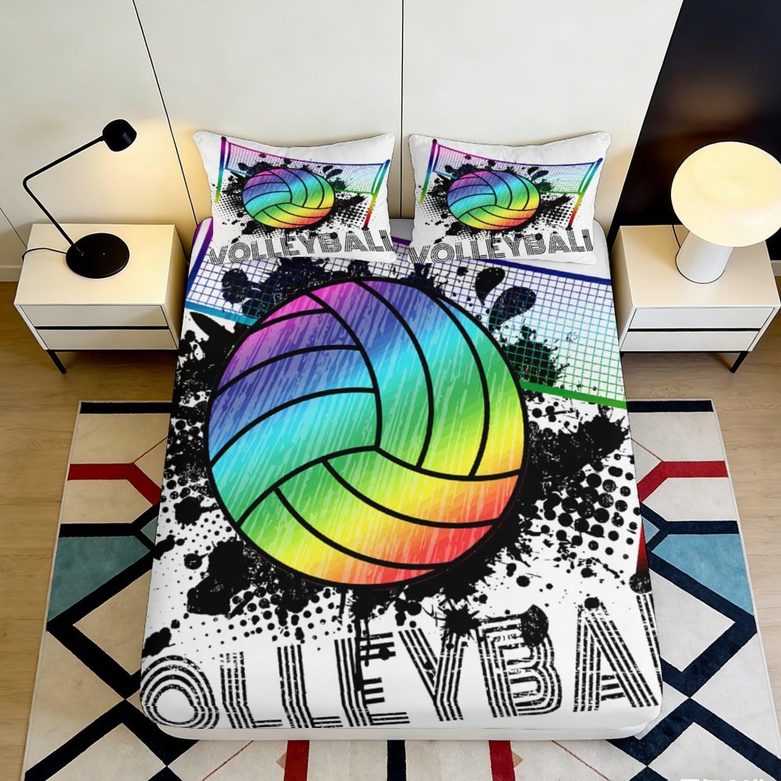 3D Printed Rainbow Volleyball Fitted Sheet Microfiber Soft Breathable Graffiti Bed Cover for Bedroom Dorm Mattress Protection Decor 200x200x25cm