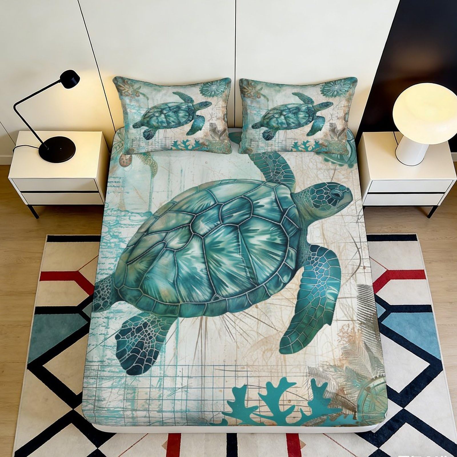 3D Printed Sea Turtle Fitted Sheet Microfiber Anti-Slip Ocean Coral Mattress Cover Bedroom Dorm Easy Care Decor 200x200x25cm
