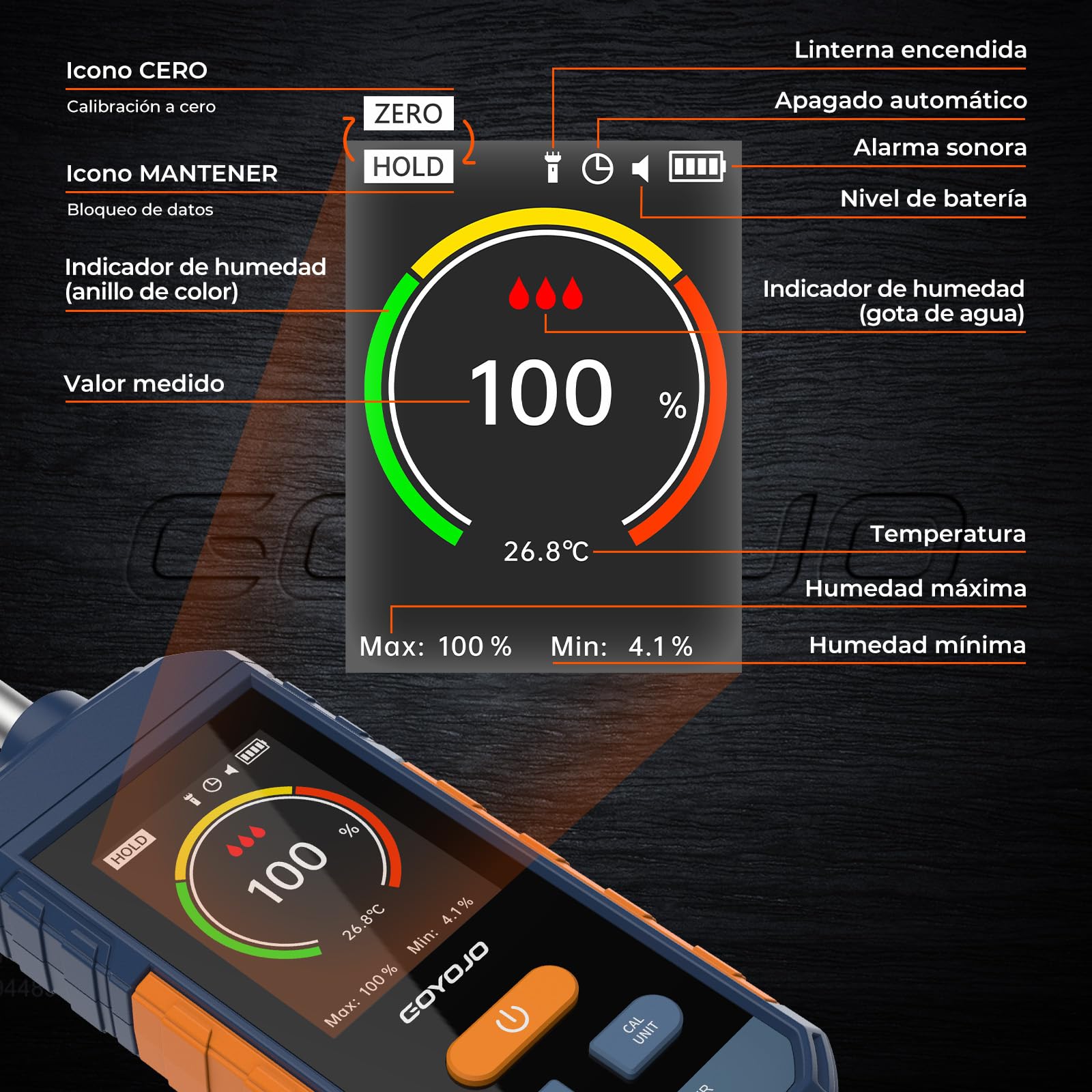 Medidor de Humedad, GOYOJO Medidor de Humedad para Madera con Pantalla LCD y Alarma Acústica, Recargable para Madera, Paredes y Materiales de Construcción, Detección de 5 a 40 mm