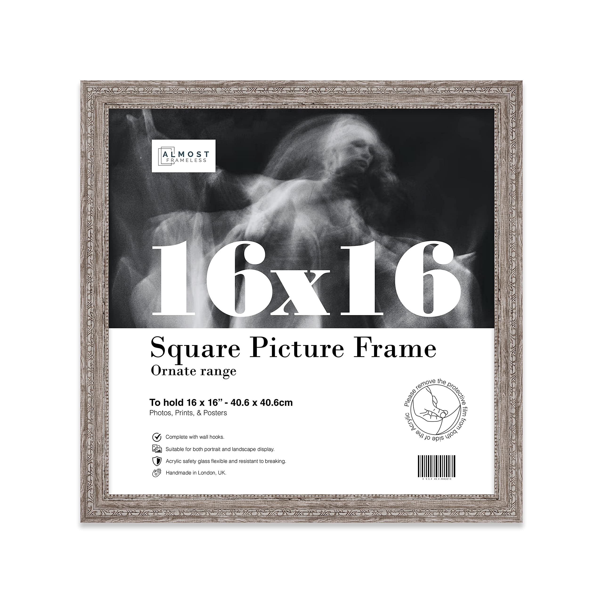 Almost Frameless 16x16 Walnut Ornate Picture Frame 16"x16"(40.6x40.6cm) Poster, Photo, Artwork, or Print. Shabby Chic Style Portrait and Landscape Display with Wall Hooks