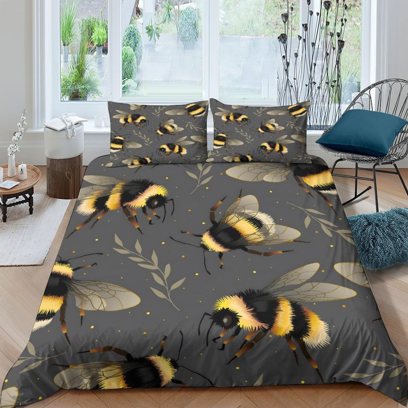 XFKLYNVCJ 3D Printed Bumblebee pattern Quilt Cover Polyester Nature inspired design Comforter Cover Soft Breathable No Iron for Student Dormitory University Accommodation Use Super king（260x220cm）