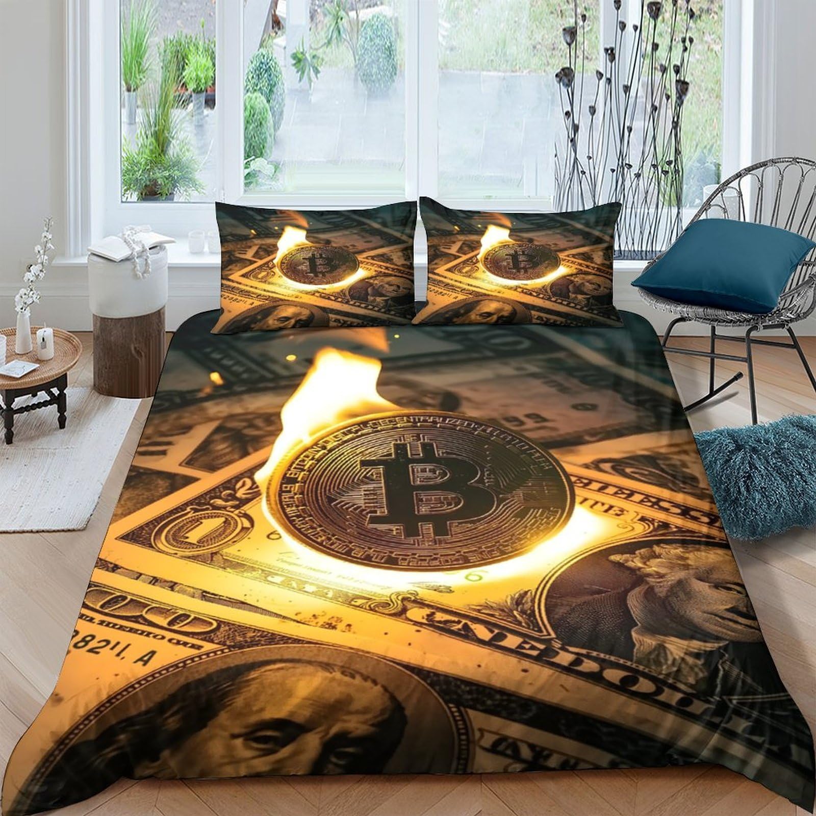 XFKLYNVCJ 3D Printed Bitcoin coin Comforter Cover Premium Polyester digital currency concept Duvet Cover Shrink Resistant Stain Resistant Soft Comfortable Easy Care for Home Bedding Double（200x200cm）