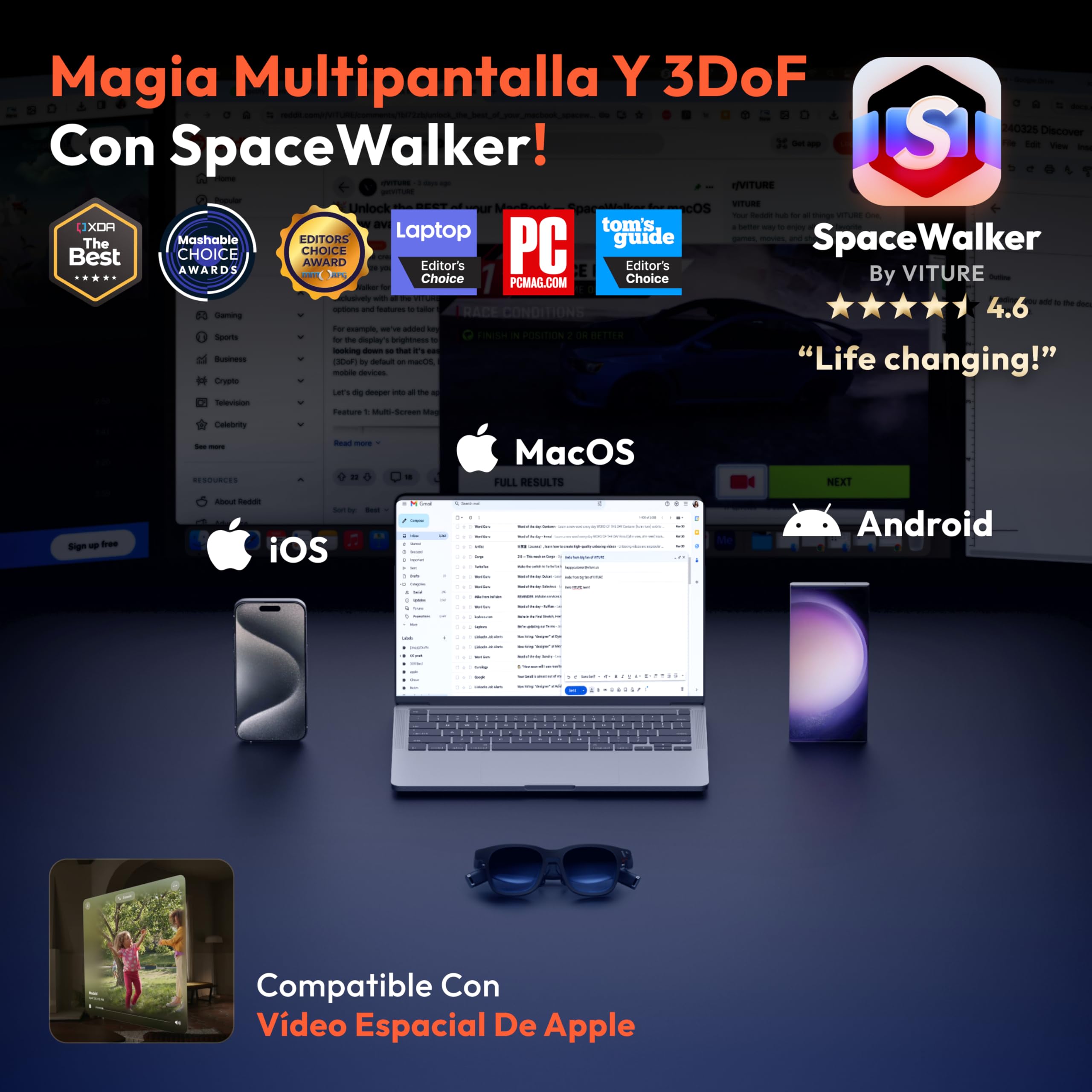 VITURE Pro XR/AR Gafas, pantalla de 135” 120 Hz 1000 nits,audio Harman,película electrocrómica,compatibles con iPhone 17/16/15,Android,Mac,PC&Steam Deck. Primera experiencia XR inmersiva para Switch 2