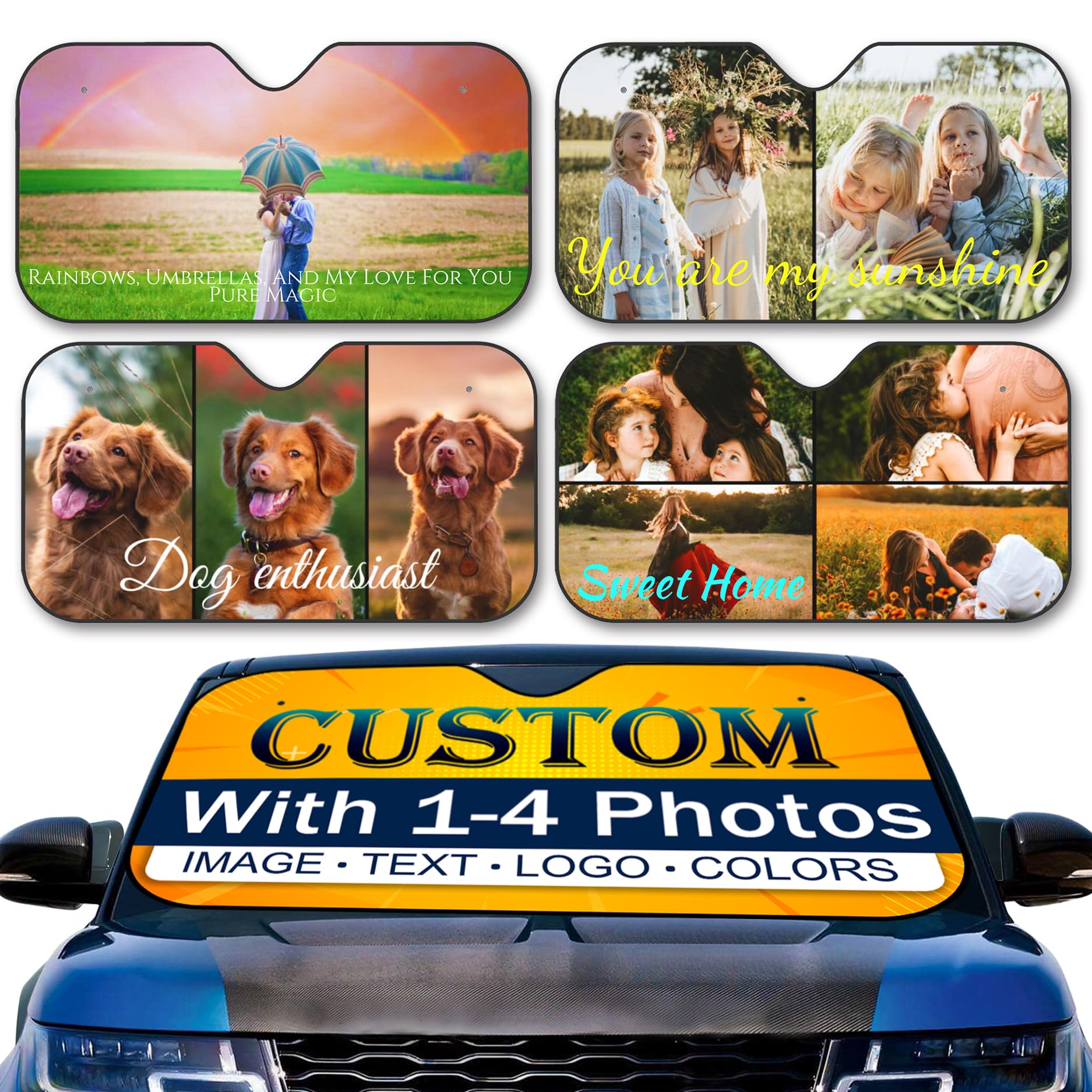 Custom Car Windshield Sun Shade Personalized Sun Visor with 1-4 Photo Design Your Own Photo Logo Text Foldable Reflective Sun Visor UV Rays Protector for Sedans SUV Trucks (1 Photo, M)