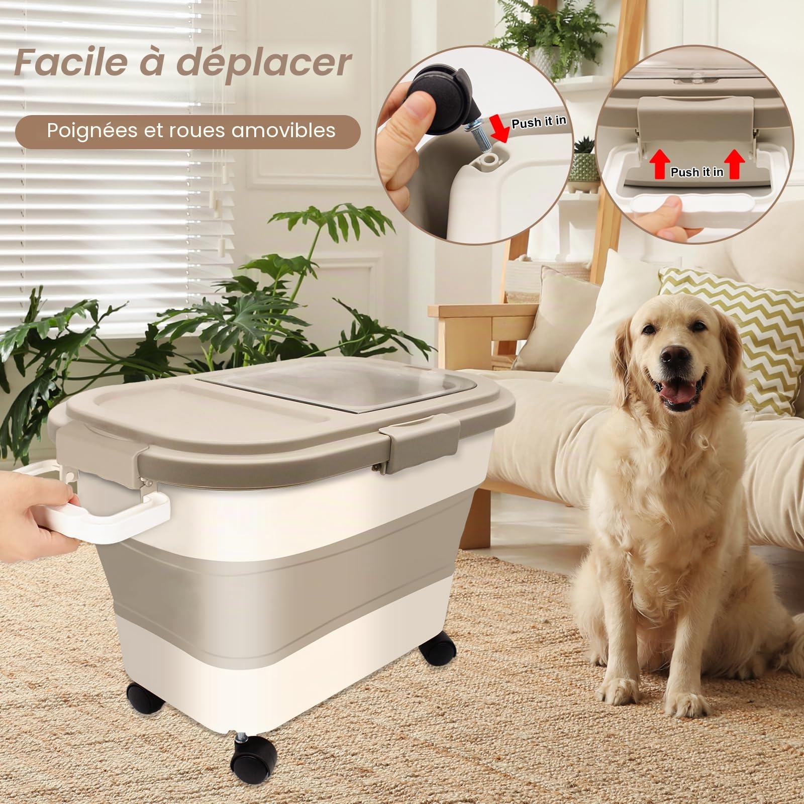 Conteneur à Croquettes pour Chien et Chat, Capacité 7-10 kg, Boîte de Stockage Pliable avec Roues, Cuillère et Tasse à Mesurer, Rangement Aliments Secs, Beige Kaki