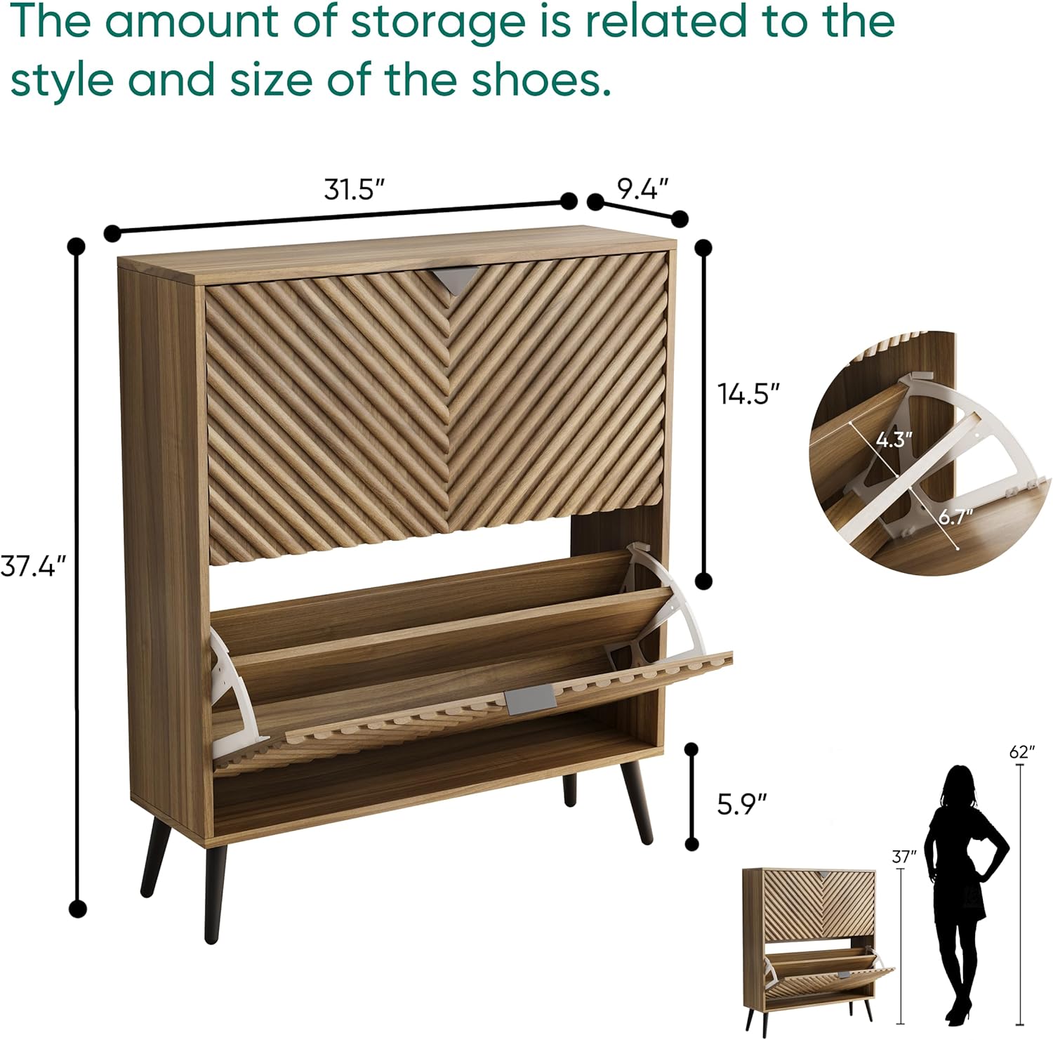 Smuxee Walnut Shoe Cabinet with 2 Flip Drawers, 31.5" Hidden Shoe Storage Cabinet with Fluted Diamond Doors, Freestanding Shoe Organizer Cabinet for Entryway, Hallway, Living Room