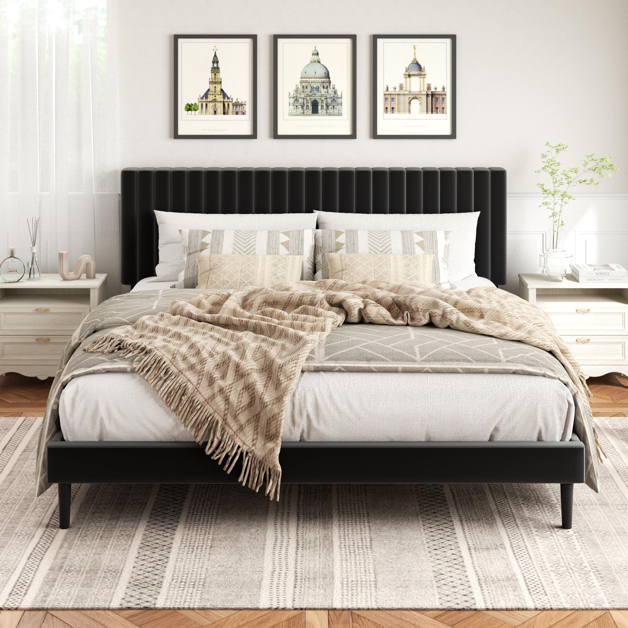 Base de cama tamaño King, base de cama con plataforma tamaño King y cabecera tapizada de terciopelo con listones de madera fuertes, somier opcional, base de colchón, fácil montaje, color negro 3
