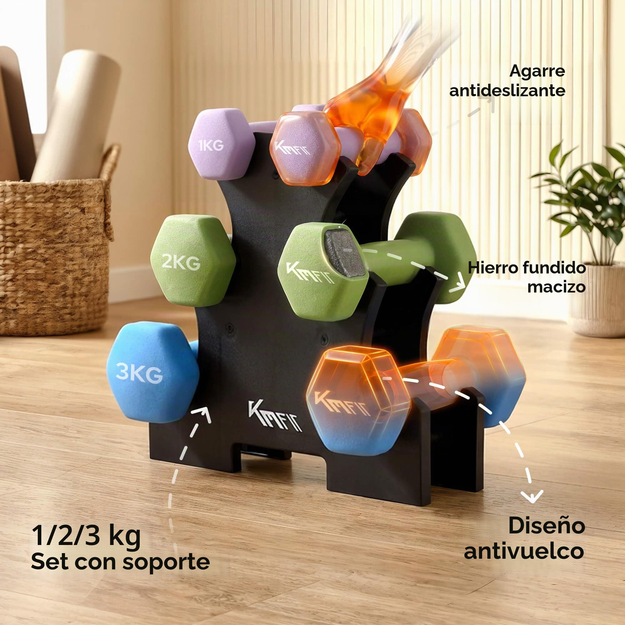 KM-Fit Juego de mancuernas 12 kg con soporte | Mancuernas de neopreno 1–3 kg | Hierro fundido con mango ergonómico | Antirodadura | Fitness y entrenamiento de fuerza en casa